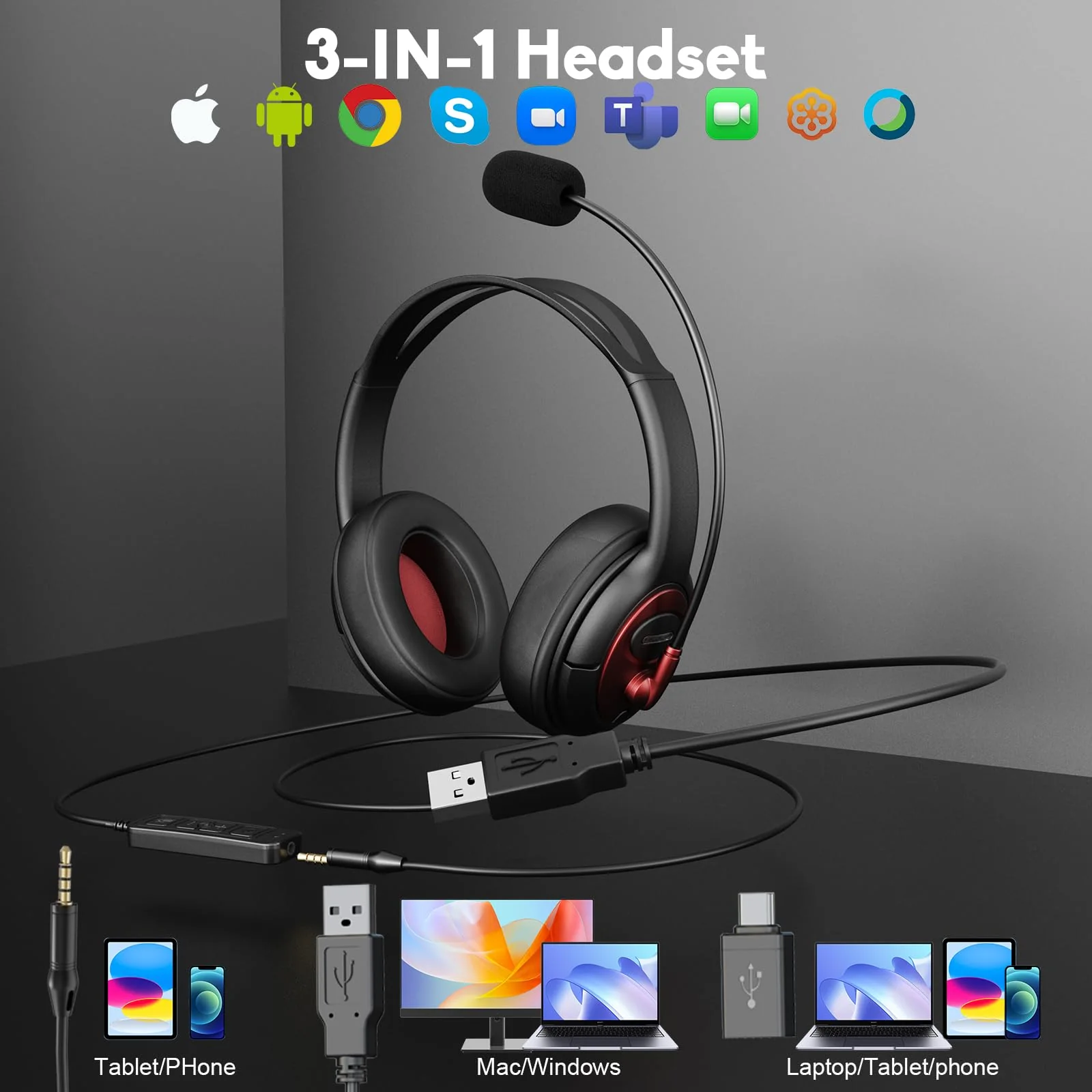 MAIRDI USB Headset with Microphone, Type-C/USB/3.5mm Jack 3-in-1 PC Headset, Computer Headset with Mic Noise Canceling for Teams Call Centers Skype Zoom Home Office Dragon Nuance Dictation - Image 6