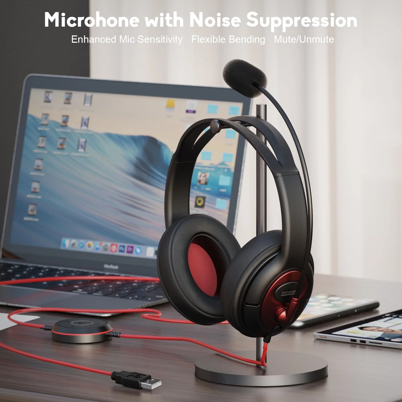 MAIRDI USB Headset with Microphone, Wired PC Headset, USB-A & USB-C Computer Headset with Mic Noise Canceling for Laptop Teams Office Work CallCenter Business Dragon Naturelly Speaking - Image 4