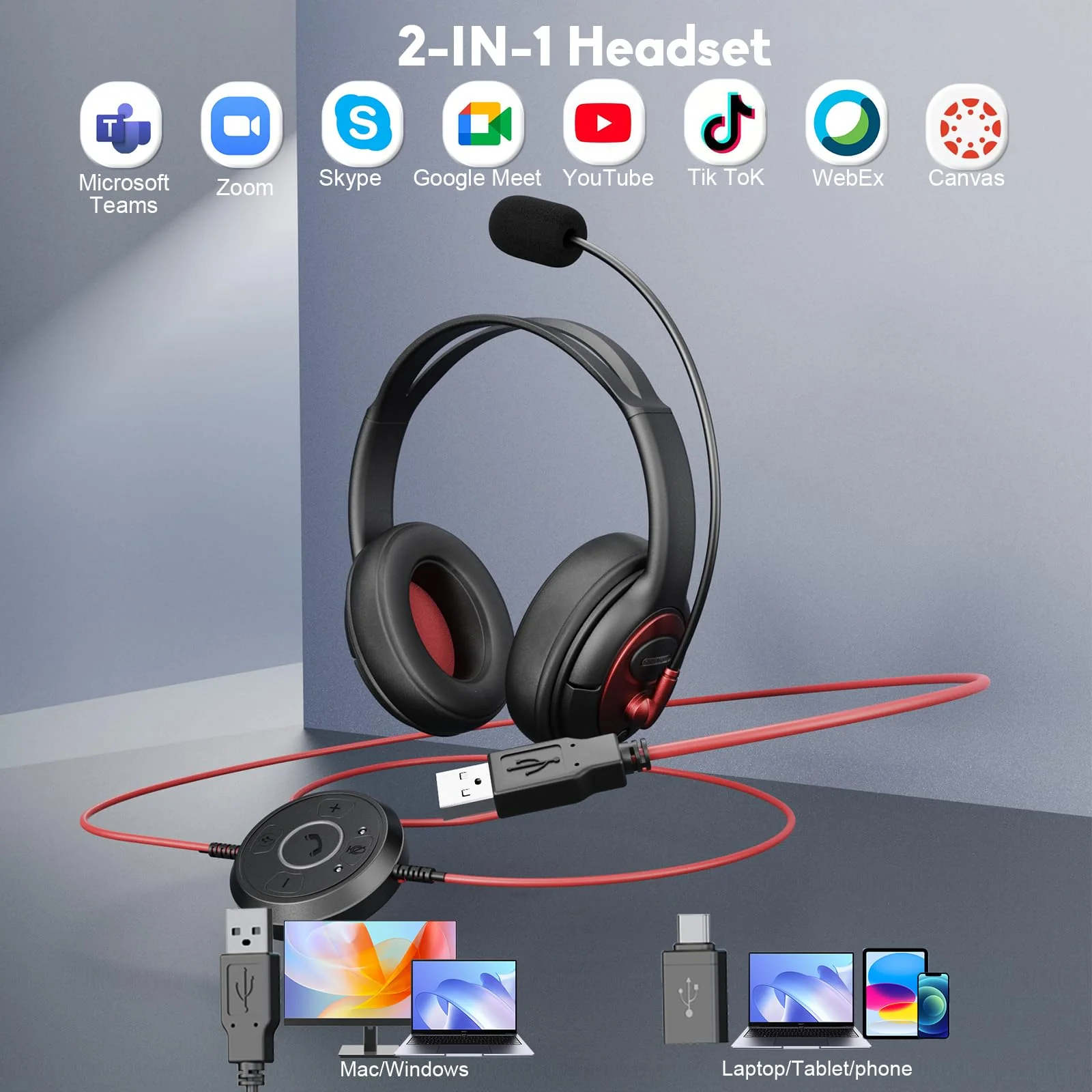 MAIRDI USB Headset with Microphone, Wired PC Headset, USB-A & USB-C Computer Headset with Mic Noise Canceling for Laptop Teams Office Work CallCenter Business Dragon Naturelly Speaking - Image 5