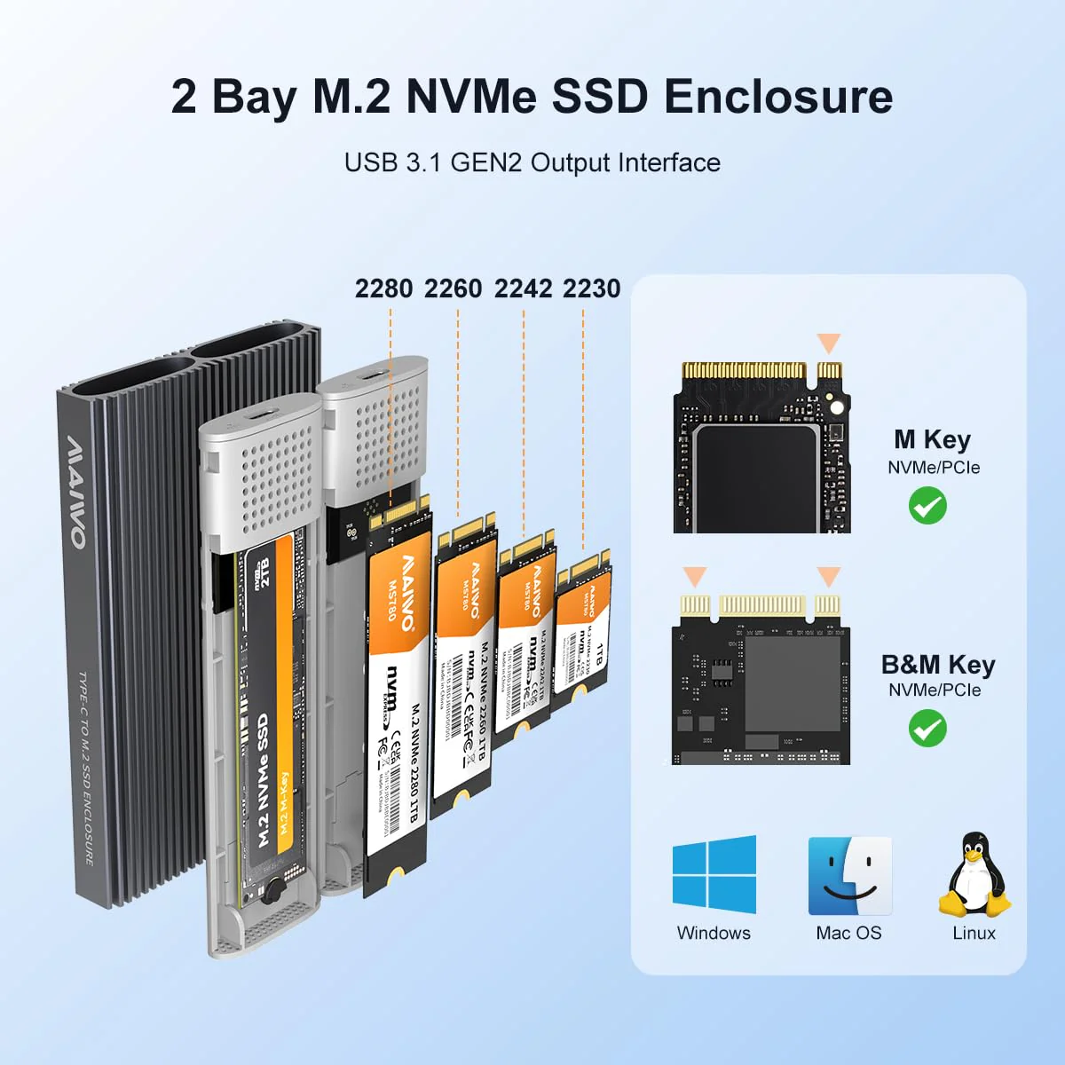 MAIWO 2 Bay M.2 NVMe SSD Enclosure USB 3.1 Gen2 Type-C 10Gbps Support UASP Tool Free Support 2230/2242/2260/2280 M Key/B&M Key Aluminum Case - Image 3