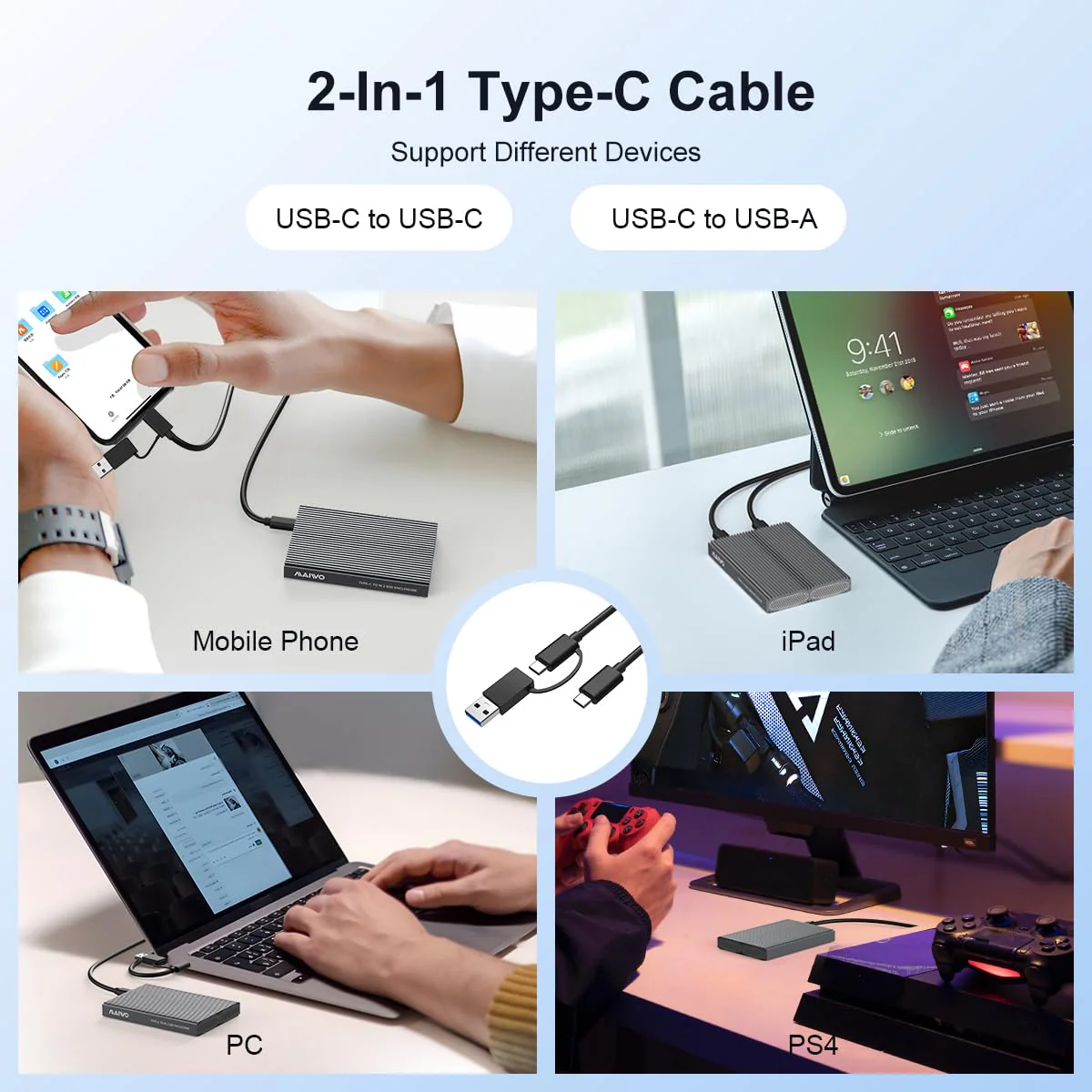 MAIWO 2 Bay M.2 NVMe SSD Enclosure USB 3.1 Gen2 Type-C 10Gbps Support UASP Tool Free Support 2230/2242/2260/2280 M Key/B&M Key Aluminum Case - Image 6