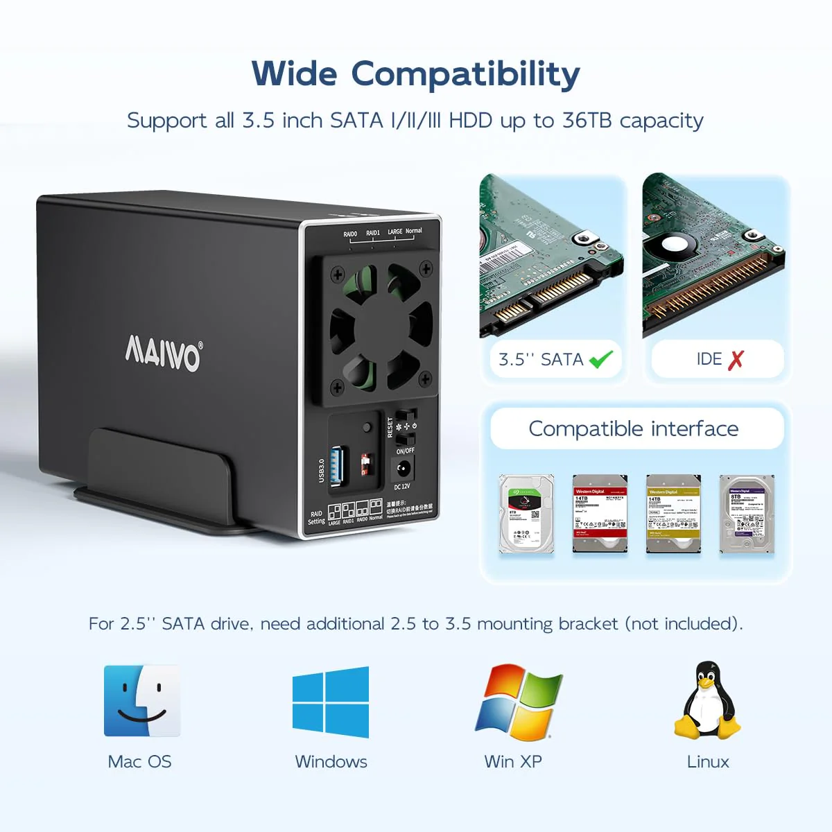 MAIWO Dual Bay HDD RAID Enclosure for 3.5 inch SATA Hard Disk Drive, 5Gbps USB 3.0 to SATA Drive Adapter, Up to 36TB Capacity, 2 Bay Aluminum Storage Case - Image 3