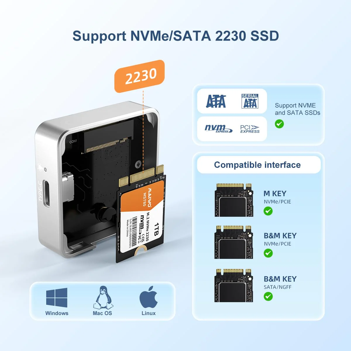 MAIWO M.2 NVMe SATA 2230 SSD Enclosure for iPhone 15 Pro Max MacBook Android, 10Gbps USB3.2 Gen2 Type-C to NVMe PCIe SATA NGFF Adapter, M.2 Reader Caddy 2TB Max Aluminum Tool Free (K1725P2) - Image 2