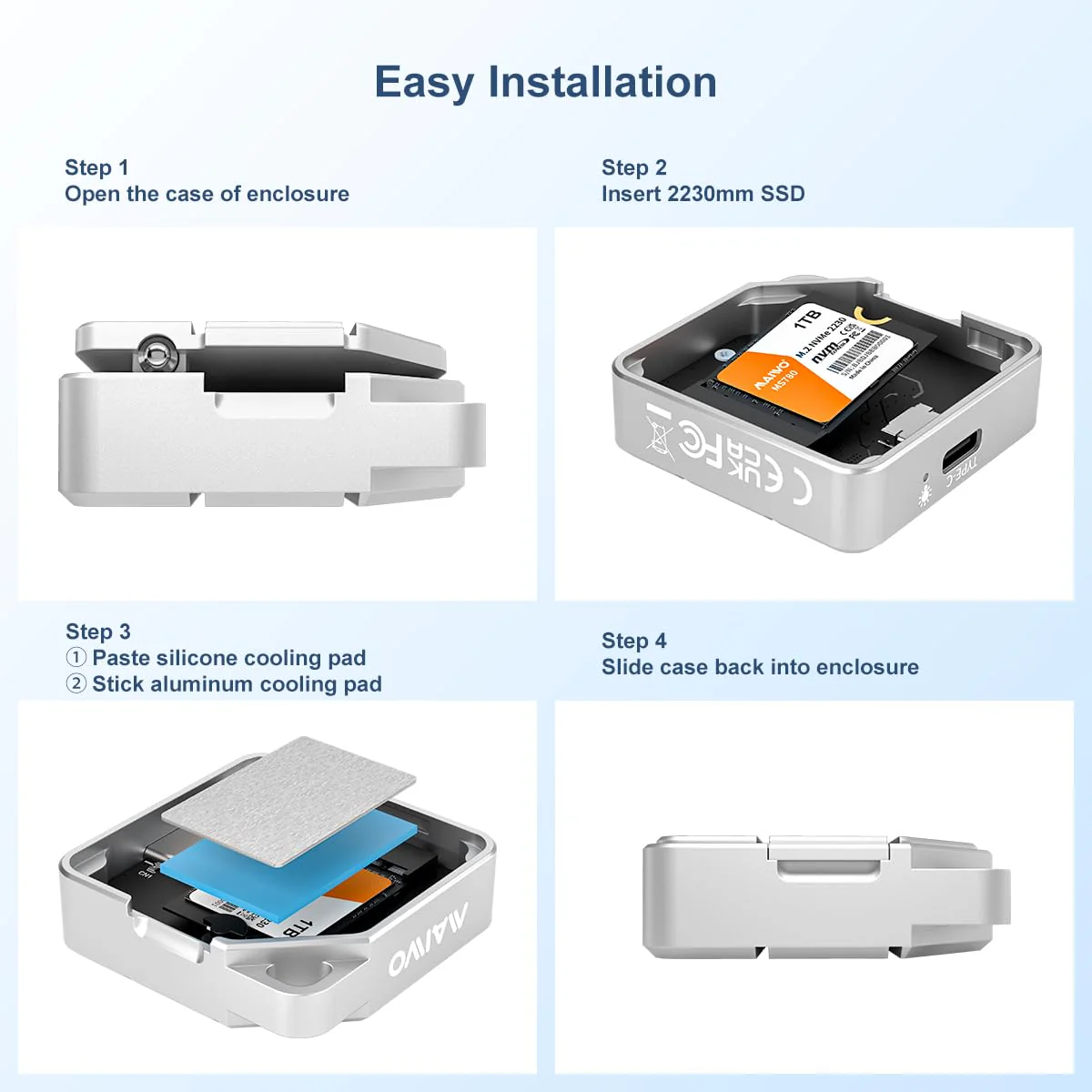 MAIWO M.2 NVMe SATA 2230 SSD Enclosure for iPhone 15 Pro Max MacBook Android, 10Gbps USB3.2 Gen2 Type-C to NVMe PCIe SATA NGFF Adapter, M.2 Reader Caddy 2TB Max Aluminum Tool Free (K1725P2) - Image 6