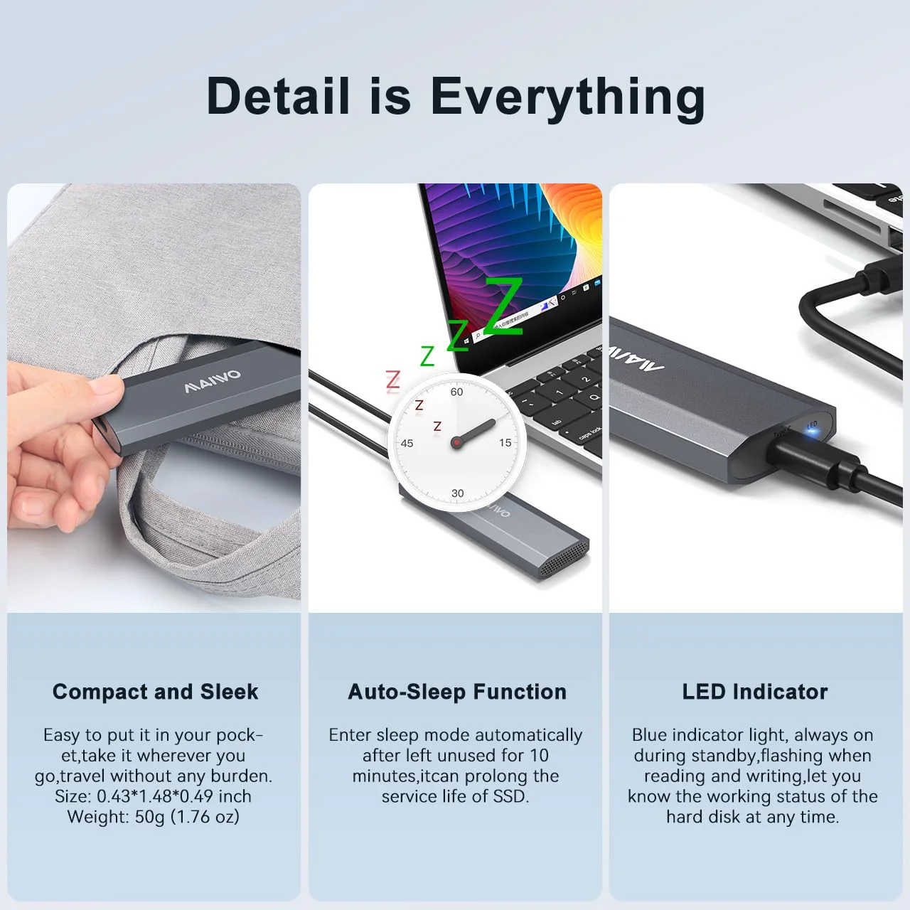MAIWO M.2 SSD Enclosure Adapter, 10Gbps NVME Enclosure with Tool-free Design, 4TB Storage Expansion,M Keys,Aluminum Alloy,Automatic Sleep (FIts 2230/2240/2260/2280) - Image 6