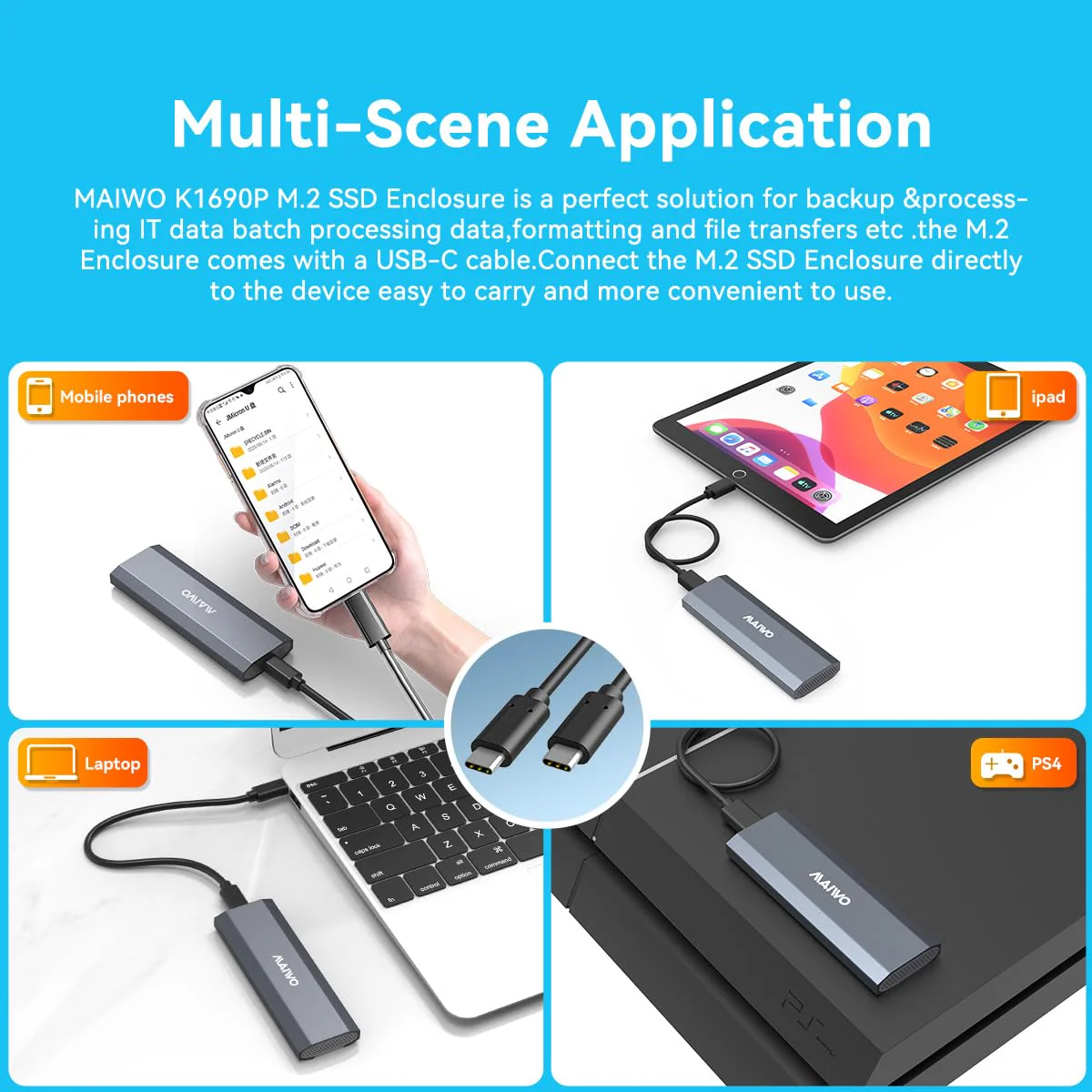 MAIWO M.2 SSD Enclosure Adapter, 10Gbps NVME Enclosure with Tool-free Design, 4TB Storage Expansion,M Keys,Aluminum Alloy,Automatic Sleep (FIts 2230/2240/2260/2280) - Image 7