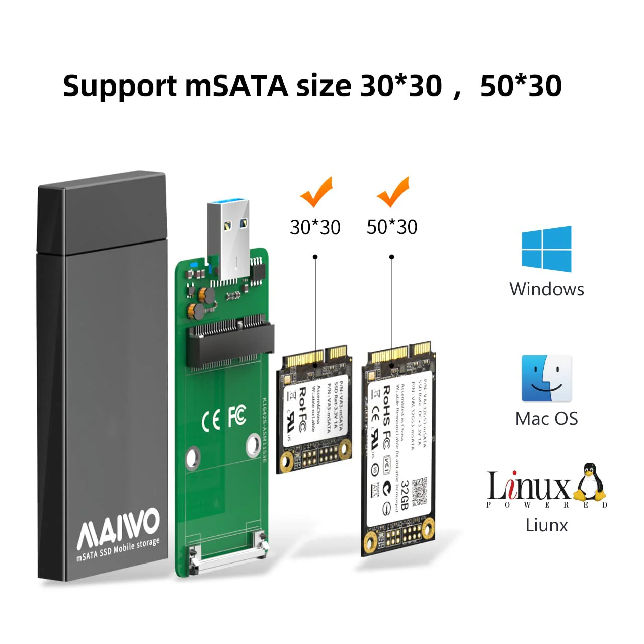 MAIWO mSATA SSD to USB 3.0 Adapter Enclosure for 30x30mm 51x30mm Mini SATA Drive (No Cable Required) 2TB Capacity, 5Gbps Transfer Speed - Image 7