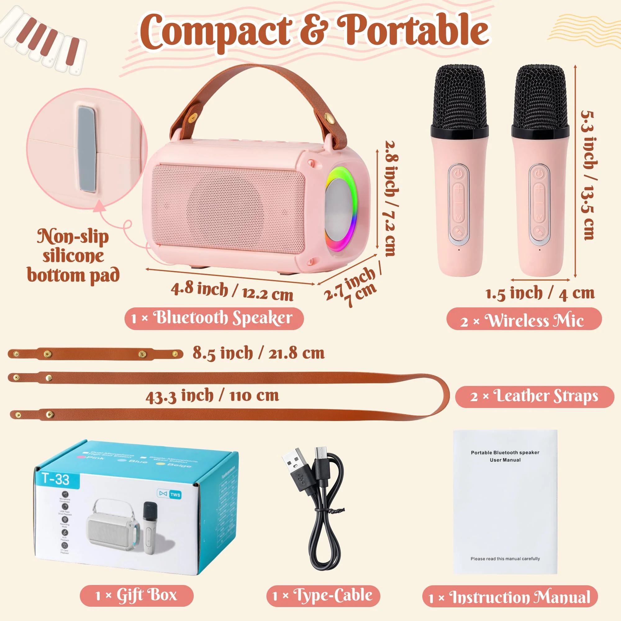 MALLMALL6 Mini Karaoke Machine with 2 Wireless Microphone for Kids Portable Bluetooth 5.3 Karaoke Mic LED Color Lights Speaker Christmas Birthday Family Home Party Toys Gift for Boys Girls Pink - Image 2