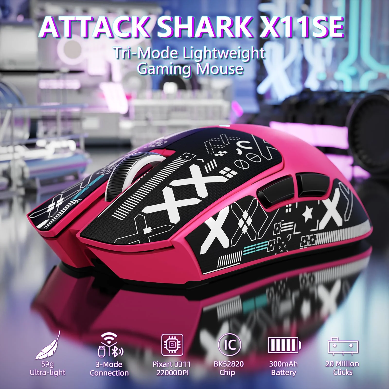MAMBASNAKE Attack Shark X11SE Lightweight Wireless Gaming Mouse, Tri-Mode 2.4G/USB-C Wired/BT, 22K DPI, PAW3311 Optical Sensor, 59g, 5 Programmable Buttons, 300mAh Battery for PC/Mac((Berry-Griptape) Berry Red-Griptape - Image 2