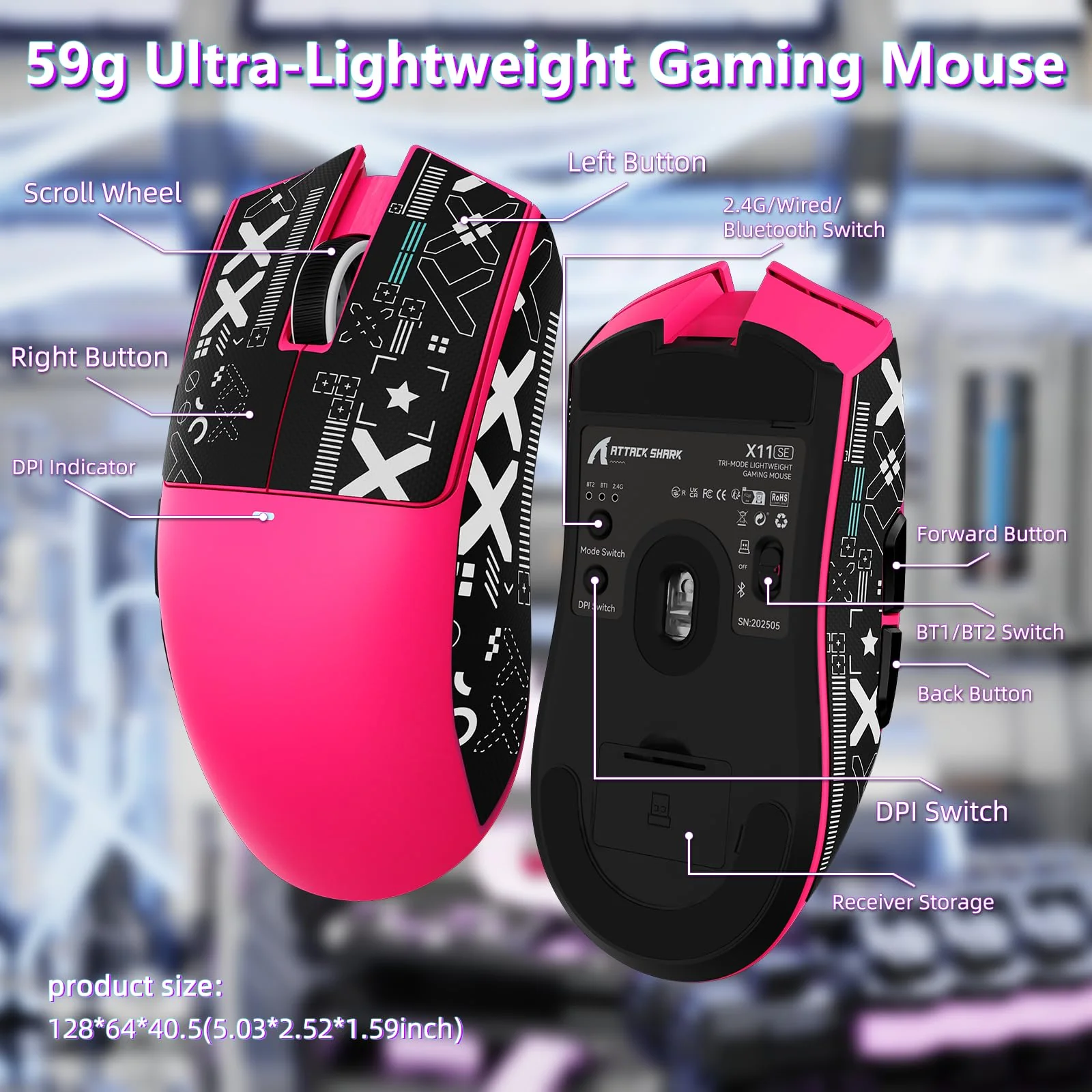 MAMBASNAKE Attack Shark X11SE Lightweight Wireless Gaming Mouse, Tri-Mode 2.4G/USB-C Wired/BT, 22K DPI, PAW3311 Optical Sensor, 59g, 5 Programmable Buttons, 300mAh Battery for PC/Mac((Berry-Griptape) Berry Red-Griptape - Image 6
