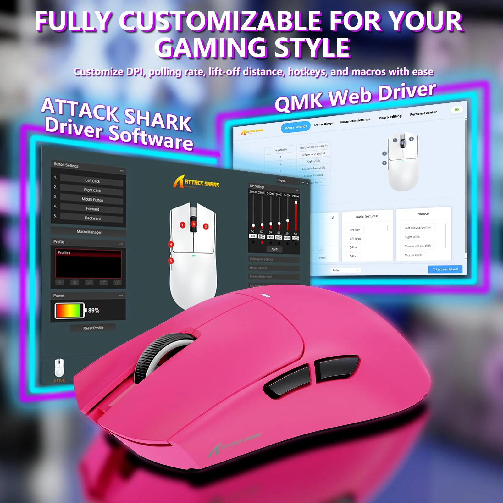MAMBASNAKE Attack Shark X11SE Lightweight Wireless Gaming Mouse, Tri-Mode 2.4G/USB-C Wired/BT, 22K DPI, PAW3311 Optical Sensor, 59g, 5 Programmable Buttons, 300mAh Battery for PC/Mac((Berry-Griptape) Berry Red-Griptape - Image 8
