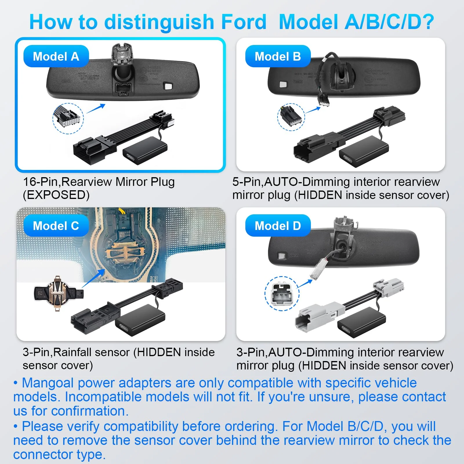 mangoal Dashcam Power Adapter Custom for Ford 16 Pin (Model A) for F150/F250/F350 Explorer Bronco and etc,Hide The Wires,GPS Radar Mirror Camera Dash Cam Adapte,Connects to Rearview Mirror(Exposed) - Image 3