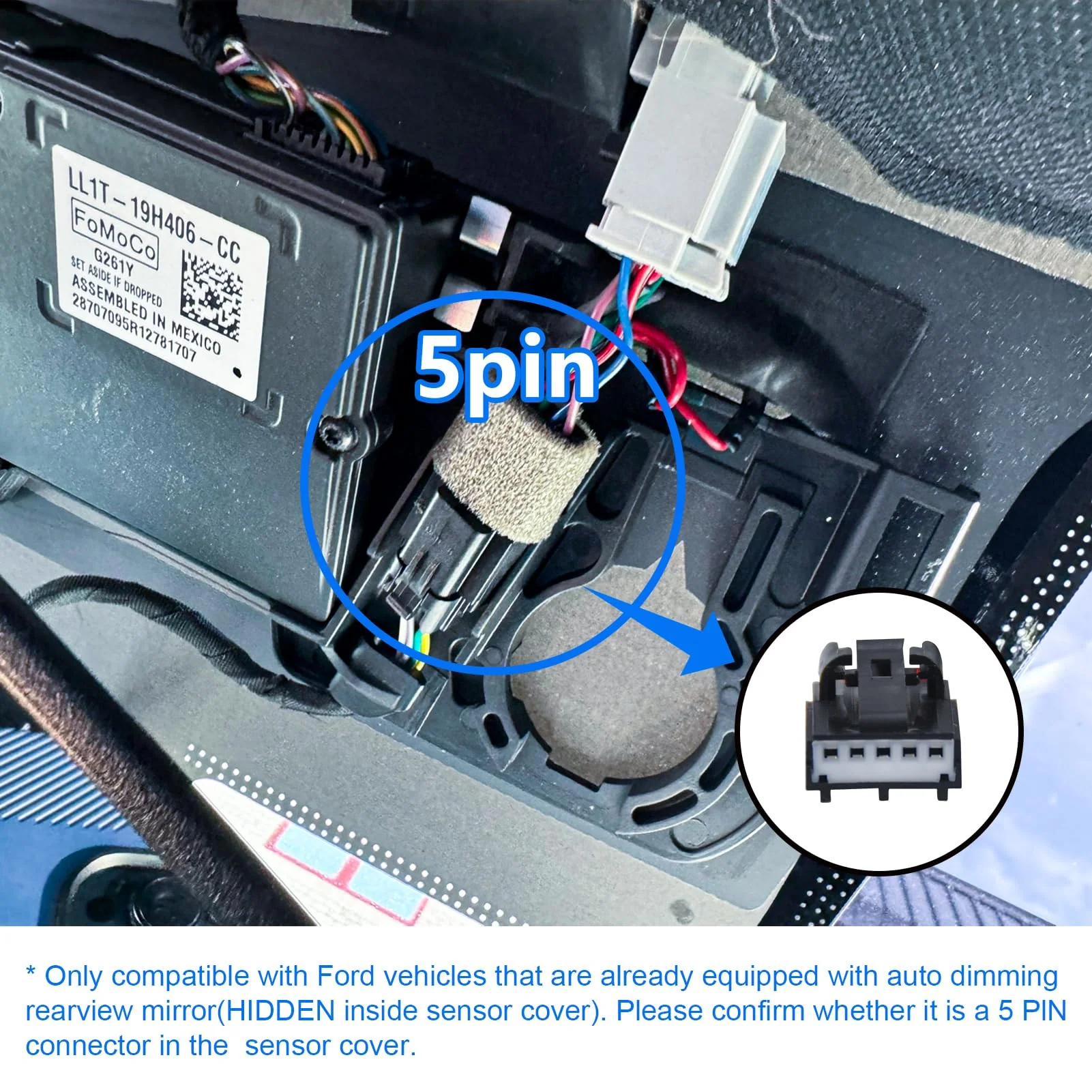 mangoal Dashcam Power Adapter Custom for Ford 5 Pin (Model B) for Mustang Mache Explorer Edge Expedition & More, Connect Auto-Dimming Connector(Hidden) - Image 2