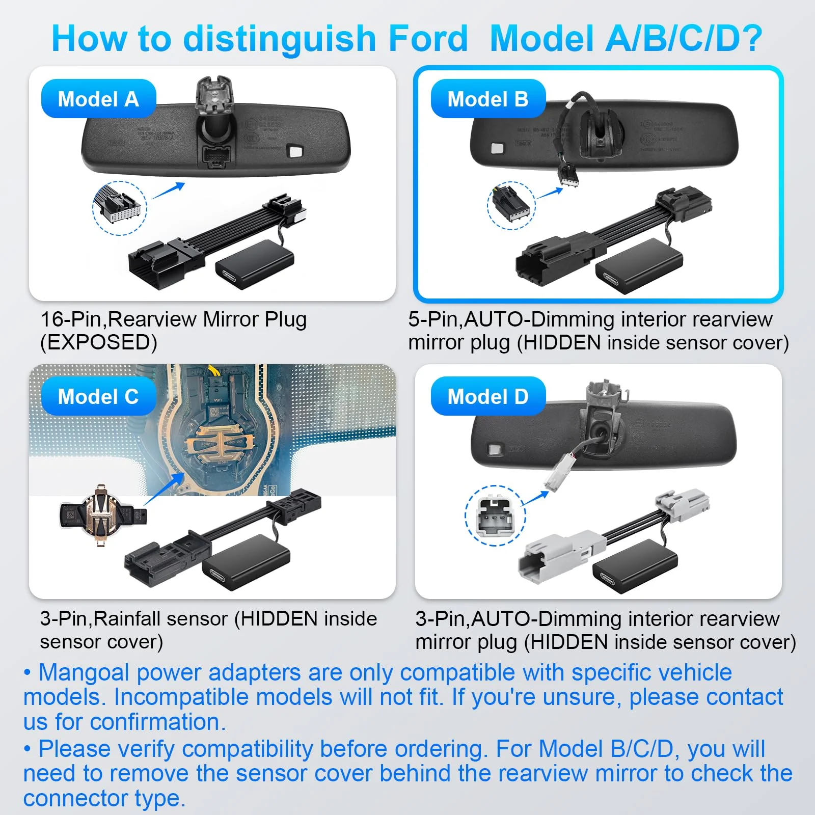 mangoal Dashcam Power Adapter Custom for Ford 5 Pin (Model B) for Mustang Mache Explorer Edge Expedition & More, Connect Auto-Dimming Connector(Hidden) - Image 4