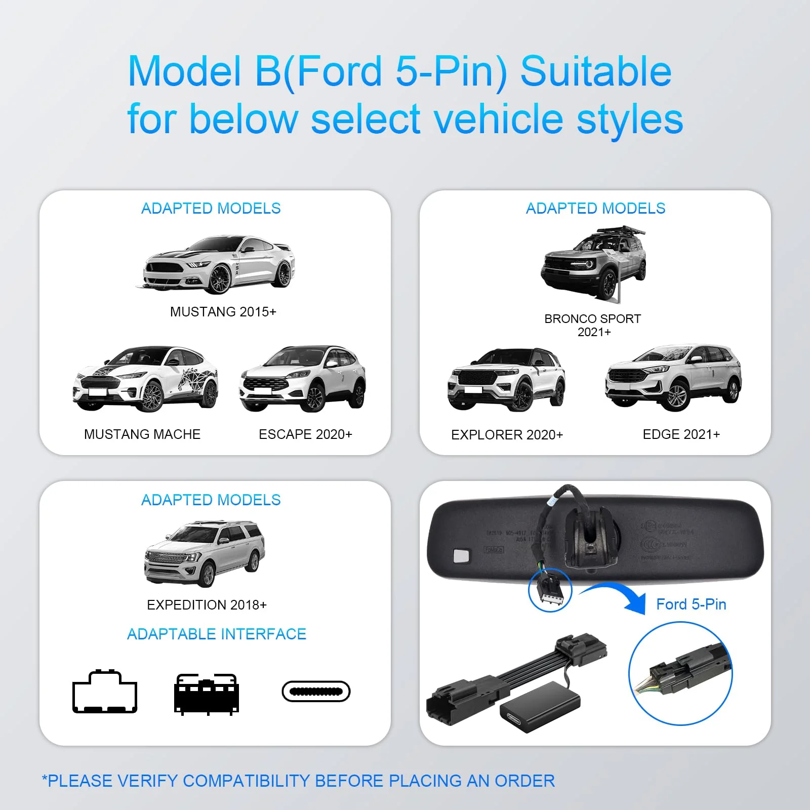 mangoal Dashcam Power Adapter Custom for Ford 5 Pin (Model B) for Mustang Mache Explorer Edge Expedition & More, Connect Auto-Dimming Connector(Hidden) - Image 5