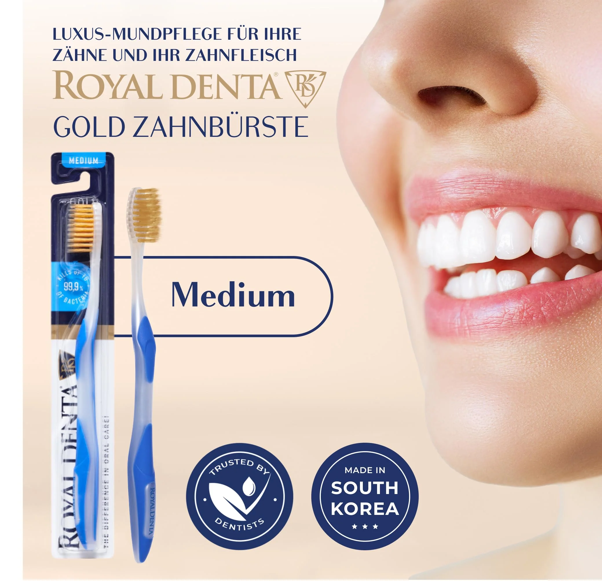 Manual Toothbrush Medium for Adults, Floss Toothbrush with Gold, Blue Royal Denta - Image 2