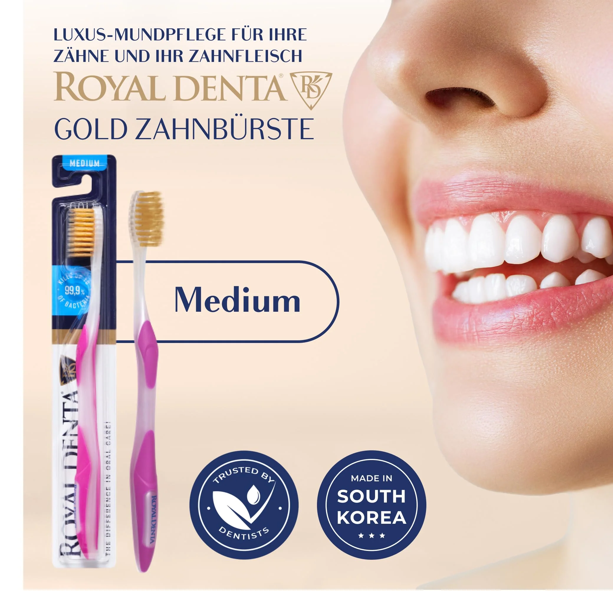 Manual Toothbrush Medium for Adults, Floss Toothbrush with Gold, Pink Royal Denta - Image 2