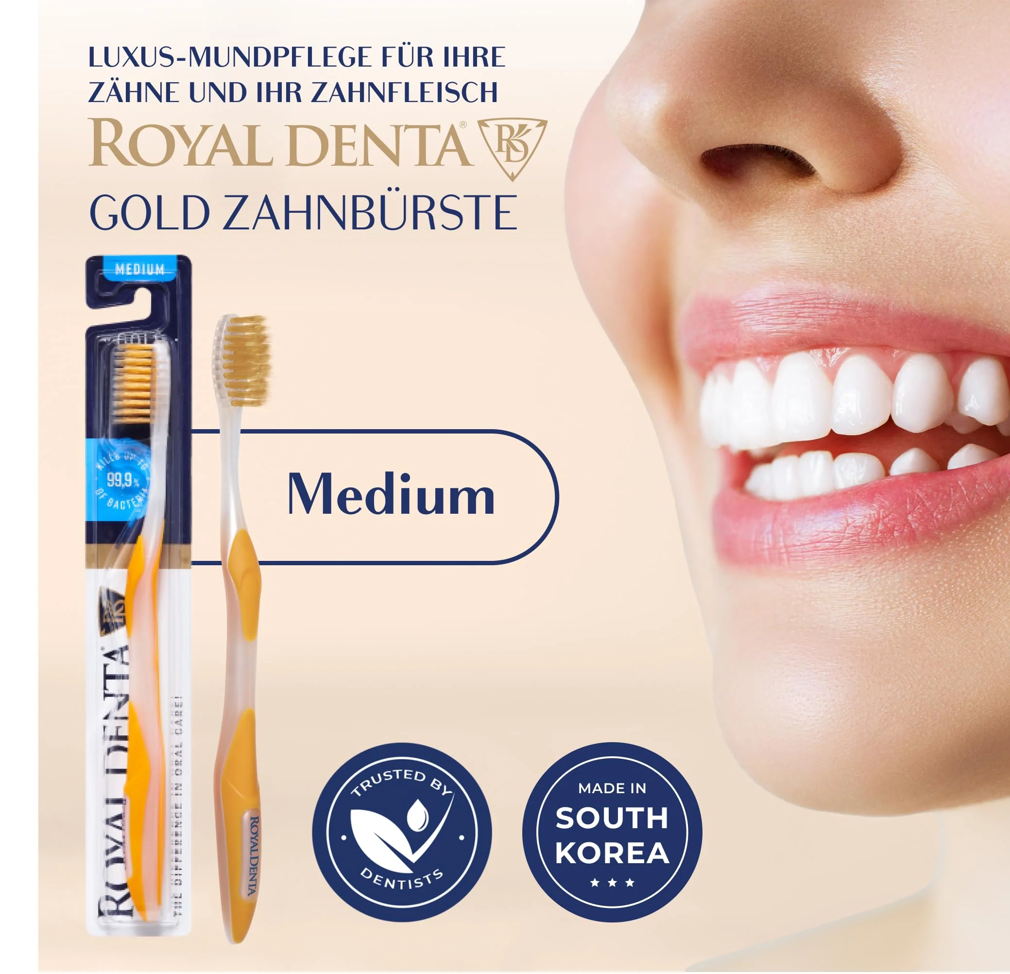 Manual Toothbrush Medium for Adults, Floss Toothbrush with Gold, Yellow Royal Denta - Image 2