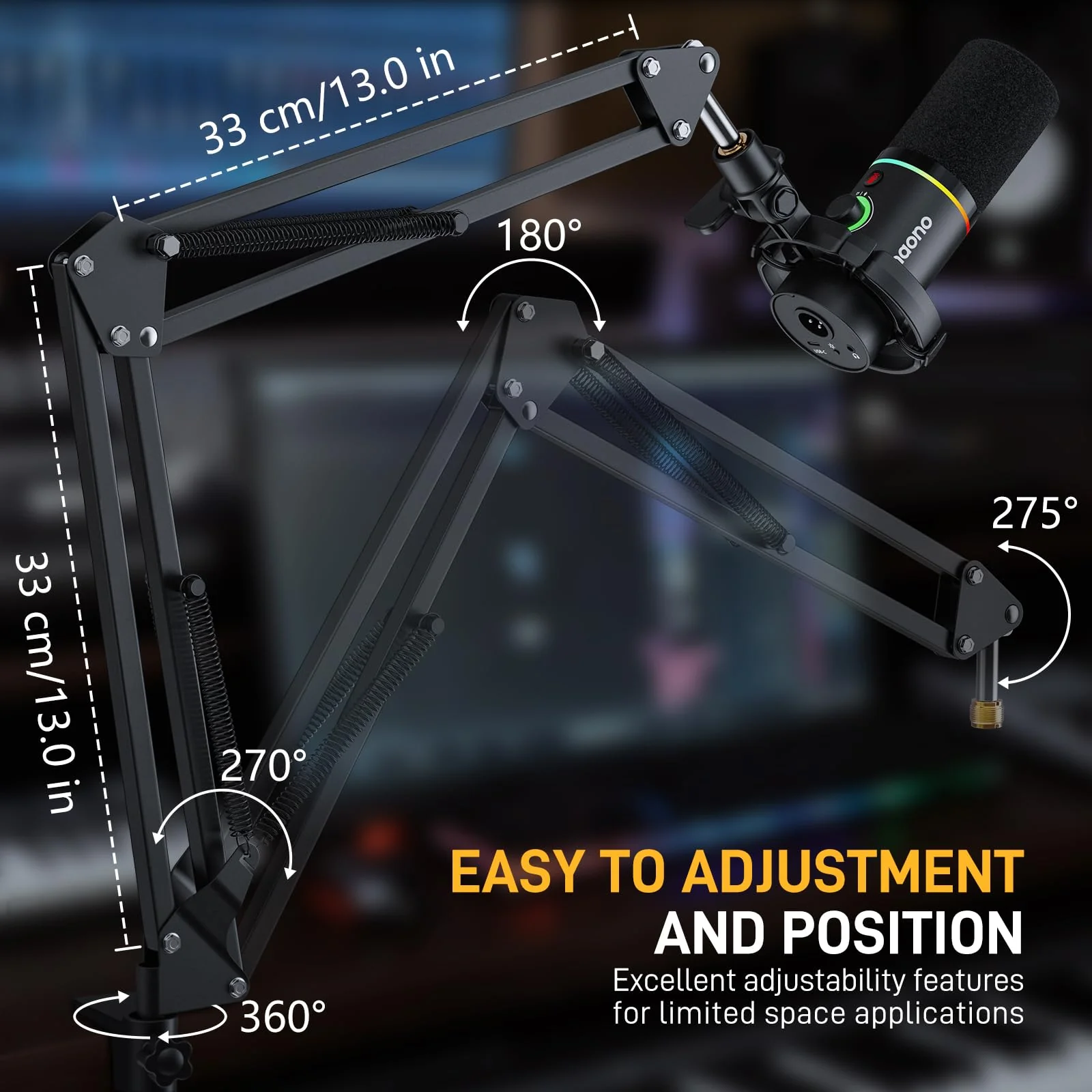 MAONO Boom Arm Microphone Stand: Adjustable Metal Suspension Mic Boom Arm for Podcast Gaming Streaming Recording,with Desk Clamp and 3/8" to 5/8" Screw Adapter-Max Load 1KG BA20 Black - Image 2