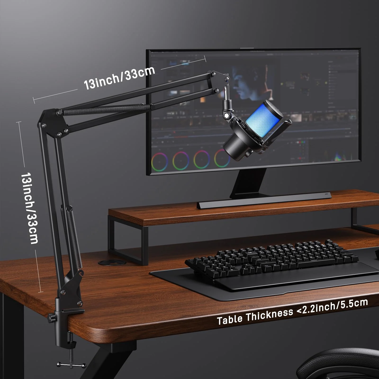 MAONO Boom Arm Microphone Stand: Adjustable Metal Suspension Mic Boom Arm for Podcast Gaming Streaming Recording,with Desk Clamp and 3/8" to 5/8" Screw Adapter-Max Load 1KG BA20 Black - Image 9
