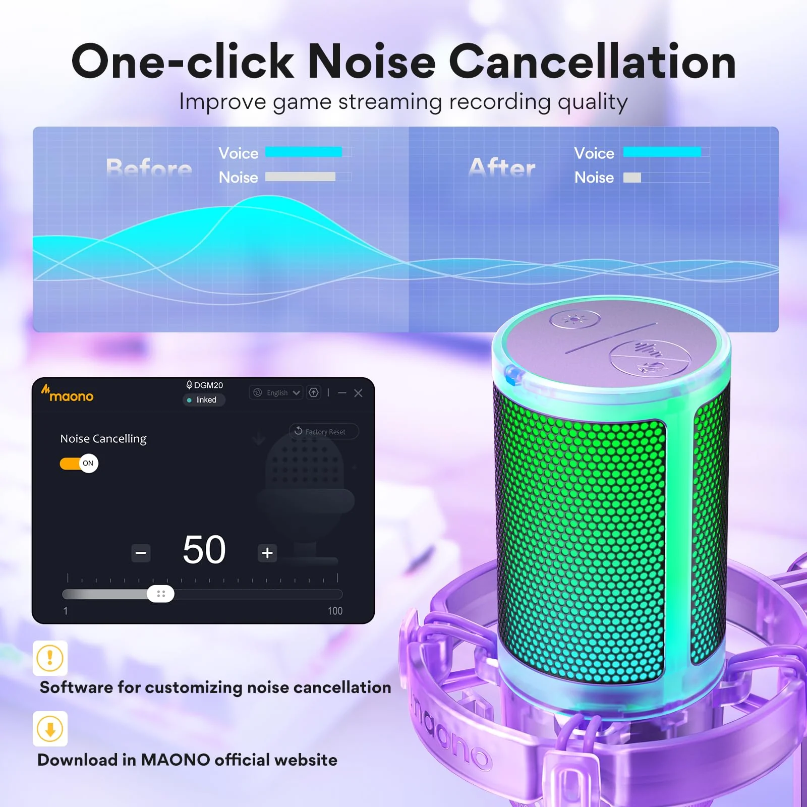 MAONO Gaming Microphone with Noise Cancellation, PC USB Condenser Mic for Computer, Mac, Laptop, PS5, Streaming, Podcast, Twitch, YouTube, Discord, GamerWave DGM20 Purple - Image 2