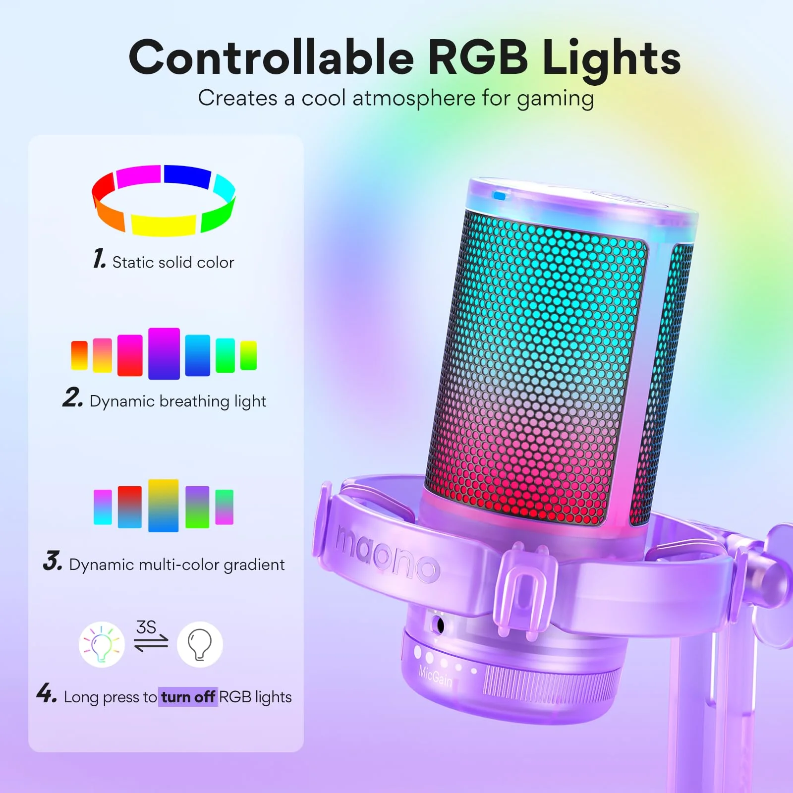 MAONO Gaming Microphone with Noise Cancellation, PC USB Condenser Mic for Computer, Mac, Laptop, PS5, Streaming, Podcast, Twitch, YouTube, Discord, GamerWave DGM20 Purple - Image 3