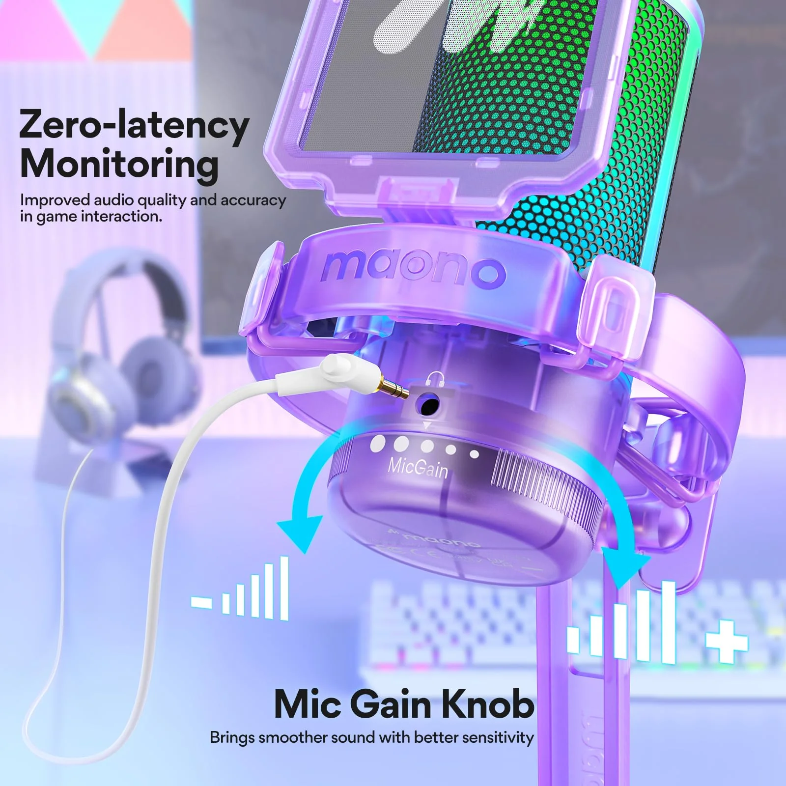 MAONO Gaming Microphone with Noise Cancellation, PC USB Condenser Mic for Computer, Mac, Laptop, PS5, Streaming, Podcast, Twitch, YouTube, Discord, GamerWave DGM20 Purple - Image 5