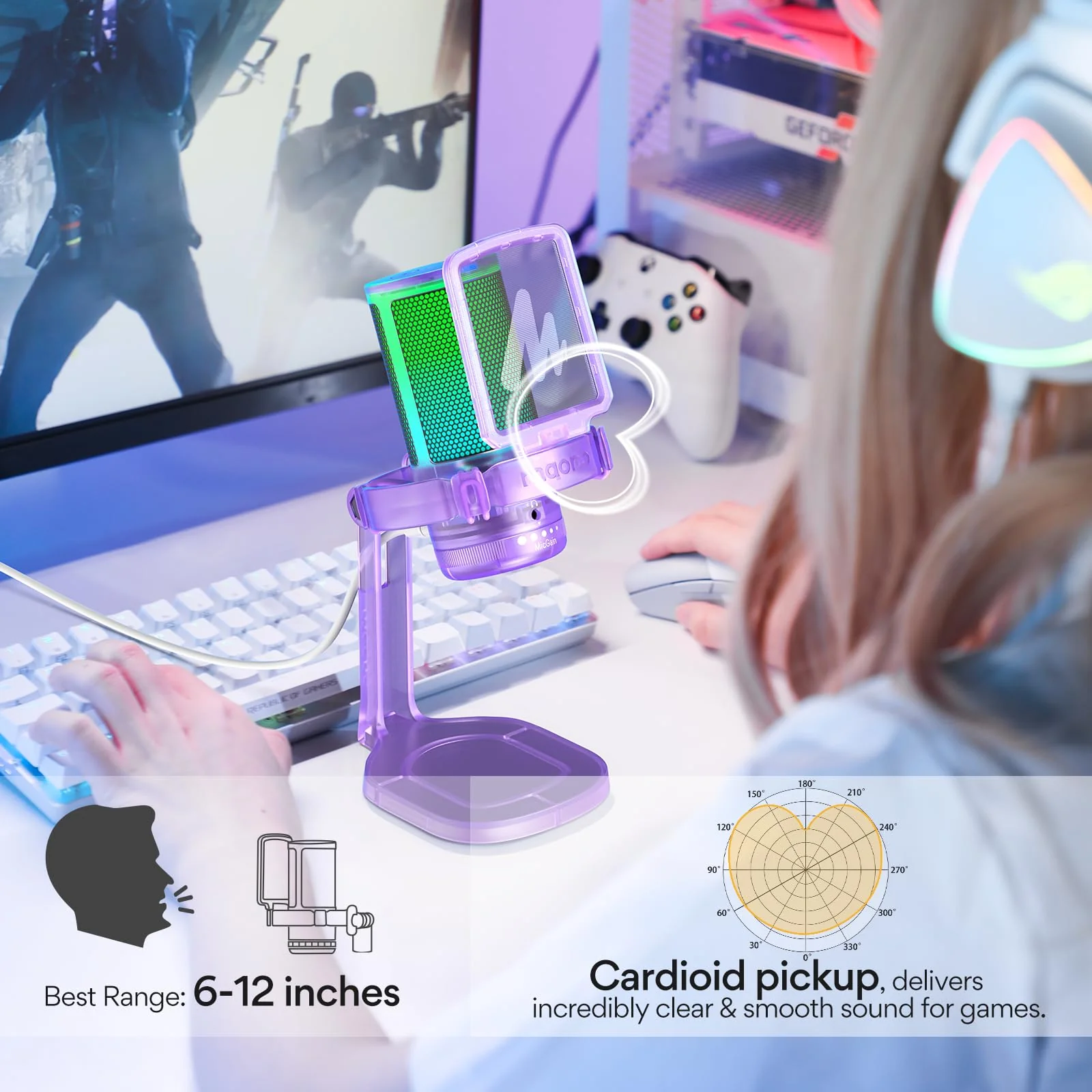 MAONO Gaming Microphone with Noise Cancellation, PC USB Condenser Mic for Computer, Mac, Laptop, PS5, Streaming, Podcast, Twitch, YouTube, Discord, GamerWave DGM20 Purple - Image 6