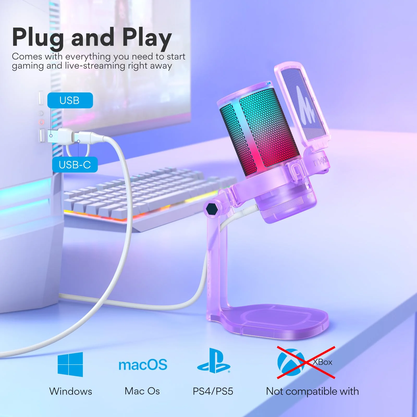 MAONO Gaming Microphone with Noise Cancellation, PC USB Condenser Mic for Computer, Mac, Laptop, PS5, Streaming, Podcast, Twitch, YouTube, Discord, GamerWave DGM20 Purple - Image 7