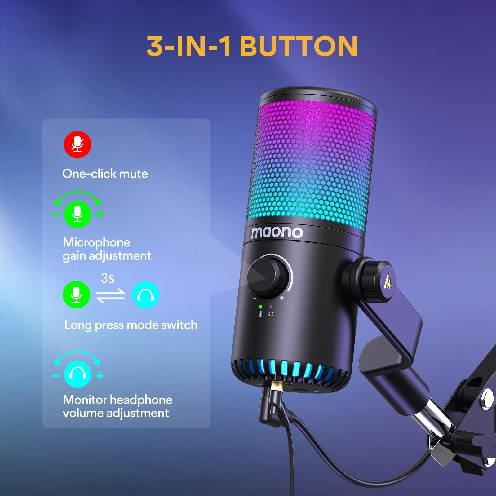 MAONO Gaming USB Microphone with Software, Programmable RGB Mic for Recording, Streaming, Podcast, PS5, PS4, PC, Computer, DM30 RGB Black - Image 5