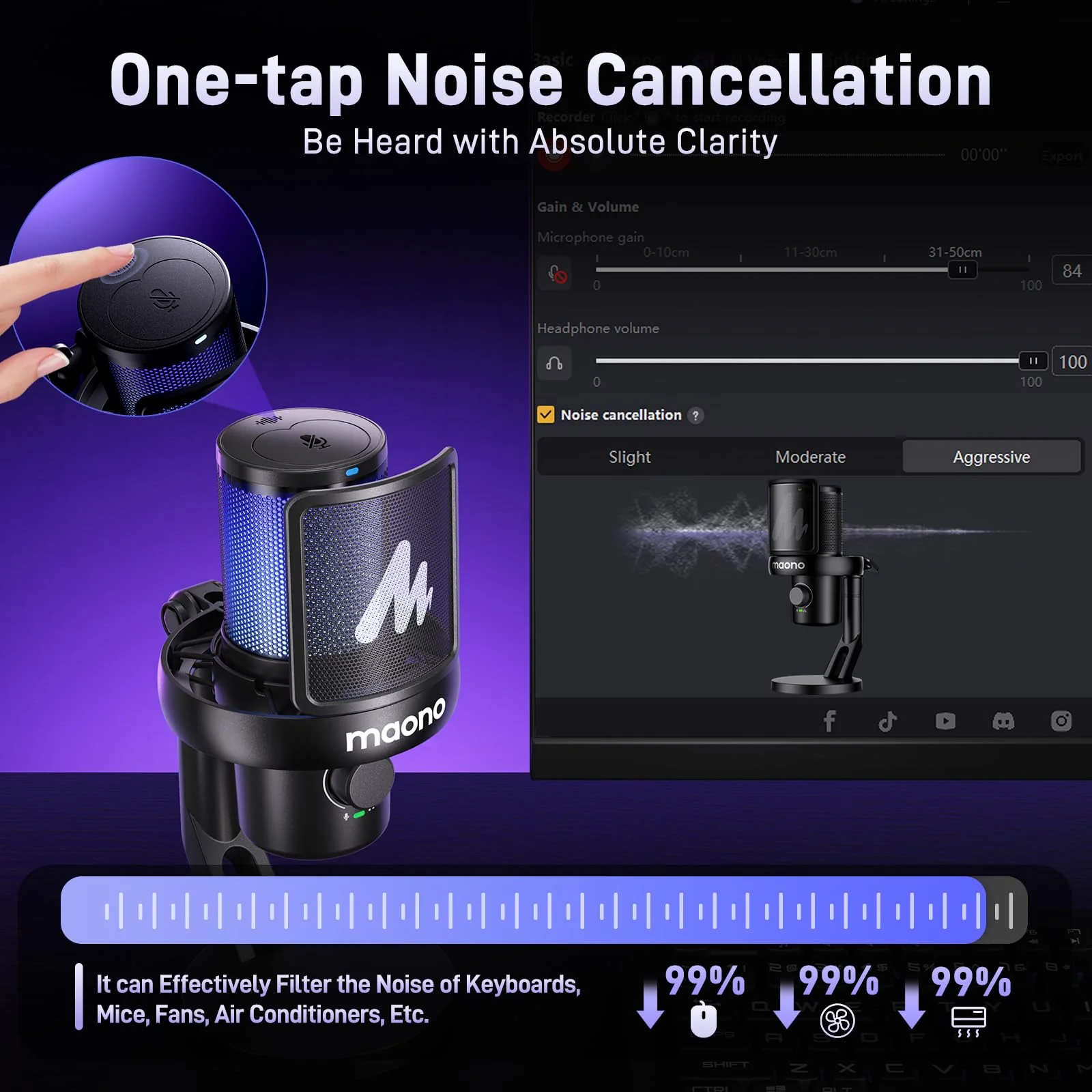 MAONO Wireless Microphone for PC,Gaming Streaming Condenser Mic with Software AI Voice Change,3-Level Noise Cancellation,Custom EQ,Gain Control USB Mic for Podcast Recording (DM40-Black) DM40 AI Mic DM40-Black - Image 4
