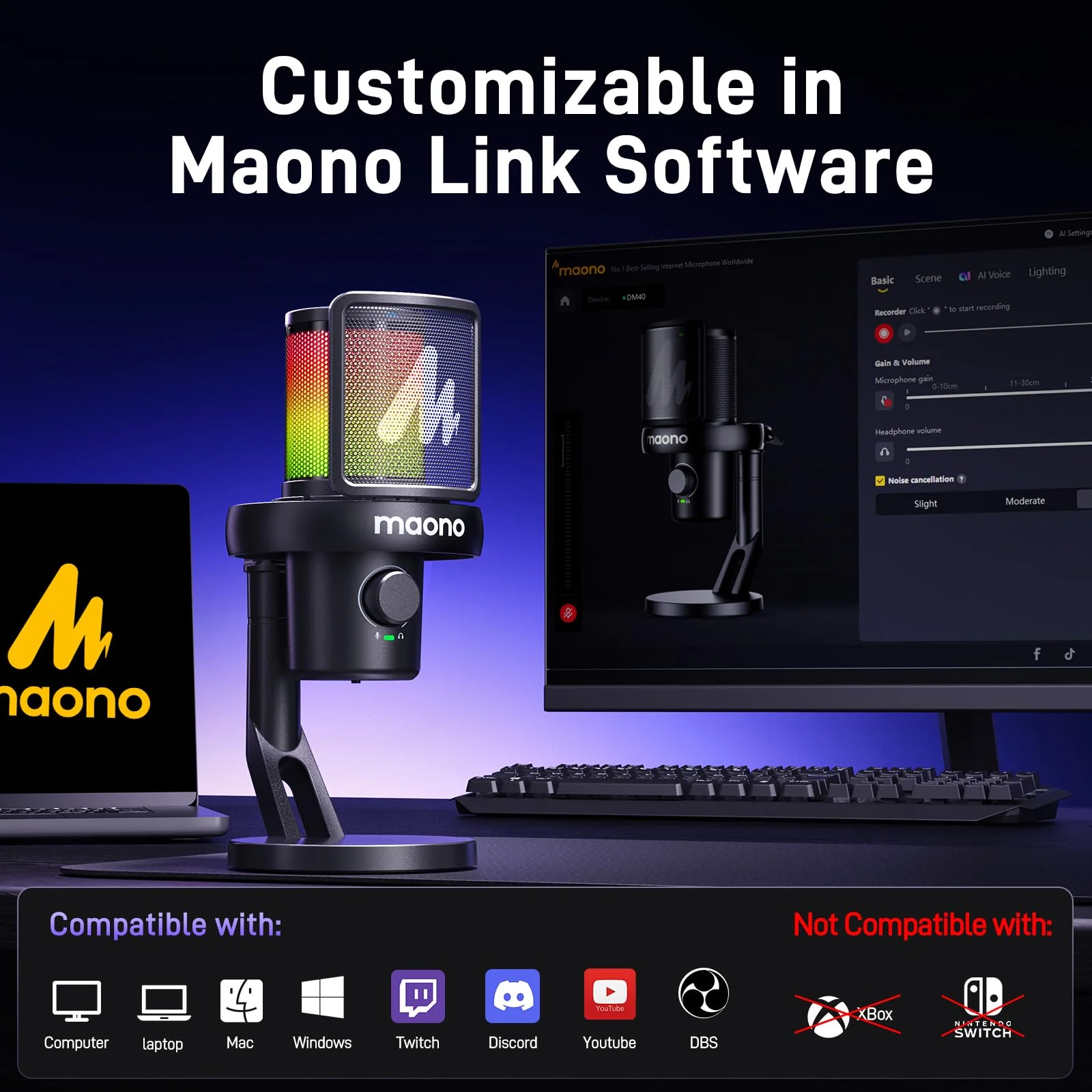 MAONO Wireless Microphone for PC,Gaming Streaming Condenser Mic with Software AI Voice Change,3-Level Noise Cancellation,Custom EQ,Gain Control USB Mic for Podcast Recording (DM40-Black) DM40 AI Mic DM40-Black - Image 6