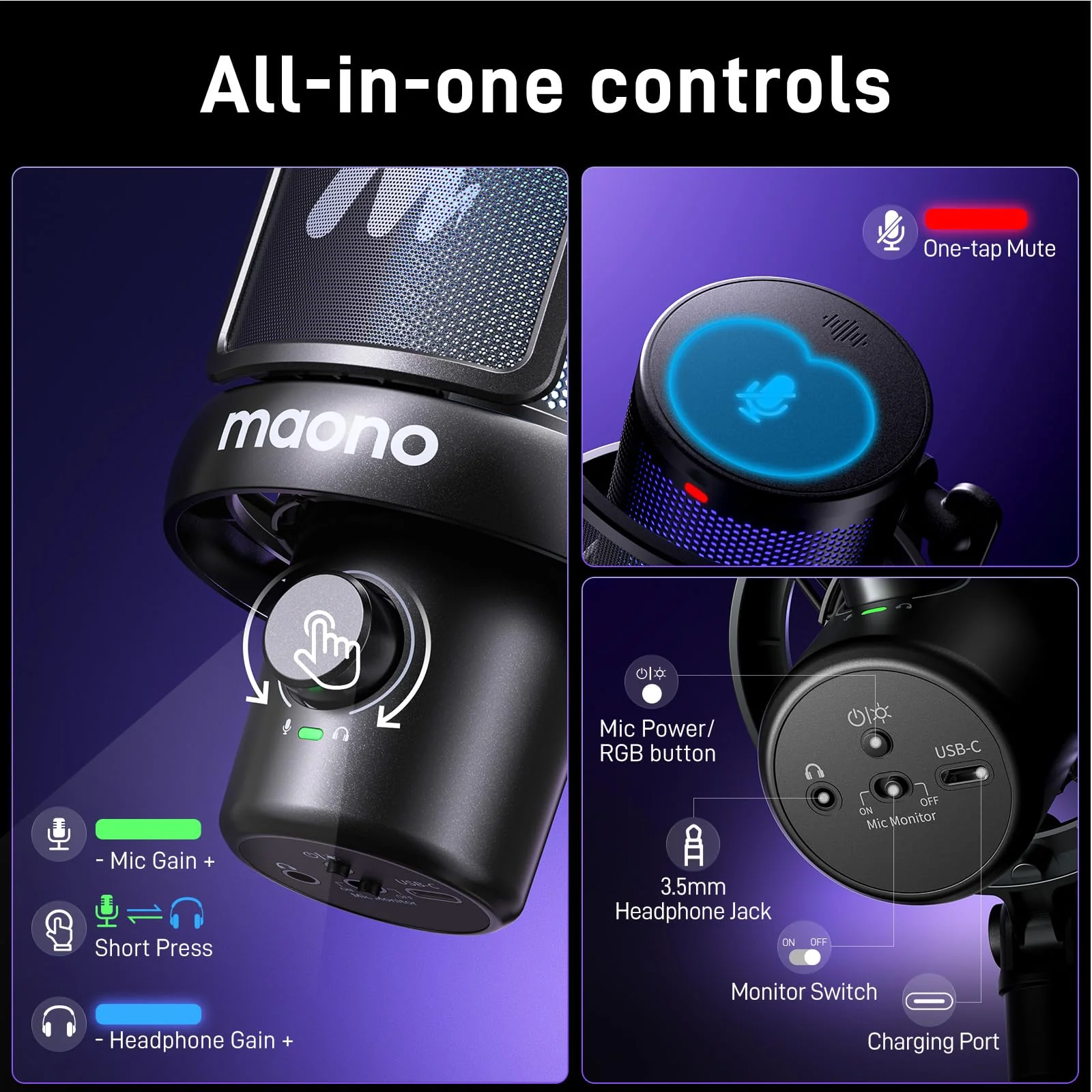 MAONO Wireless Microphone for PC,Gaming Streaming Condenser Mic with Software AI Voice Change,3-Level Noise Cancellation,Custom EQ,Gain Control USB Mic for Podcast Recording (DM40-Black) DM40 AI Mic DM40-Black - Image 8