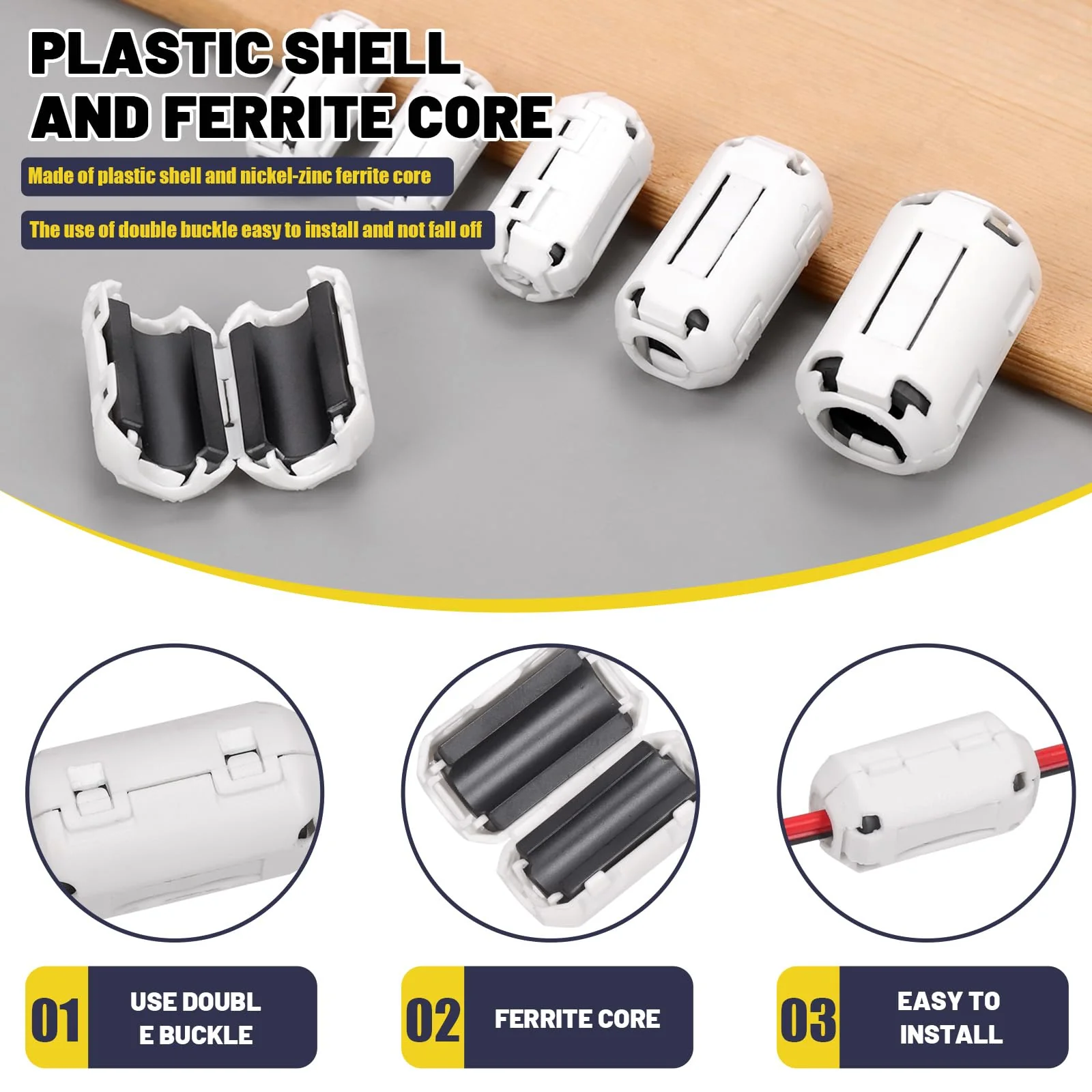 Mardatt Clip-on Ferrite Ring Core RFI EMI Noise Suppressor Cable Clip for 3.5 mm 5 mm 7 mm 9 mm 13 mm Diameter Cable (White) White - Image 3