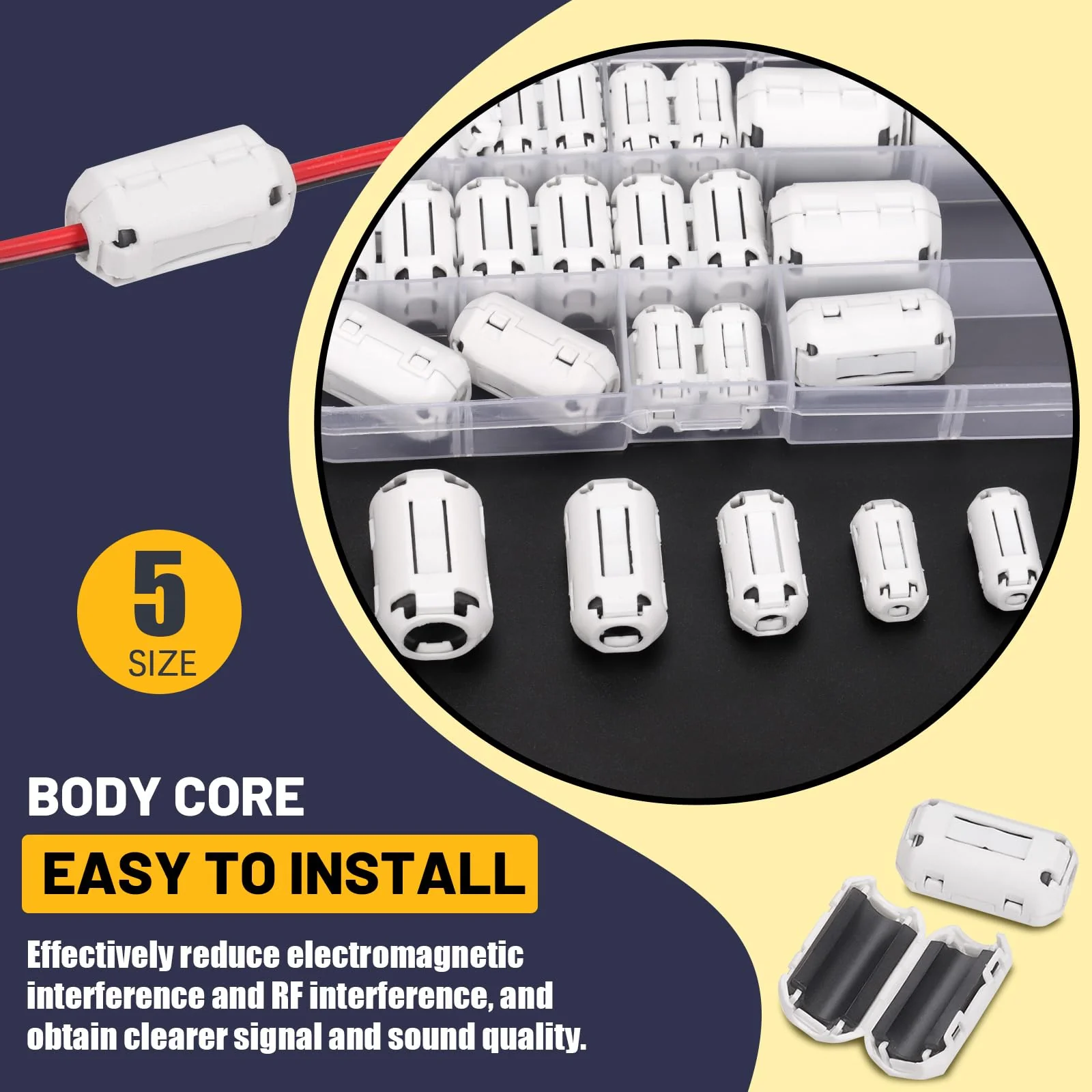 Mardatt Clip-on Ferrite Ring Core RFI EMI Noise Suppressor Cable Clip for 3.5 mm 5 mm 7 mm 9 mm 13 mm Diameter Cable (White) White - Image 4