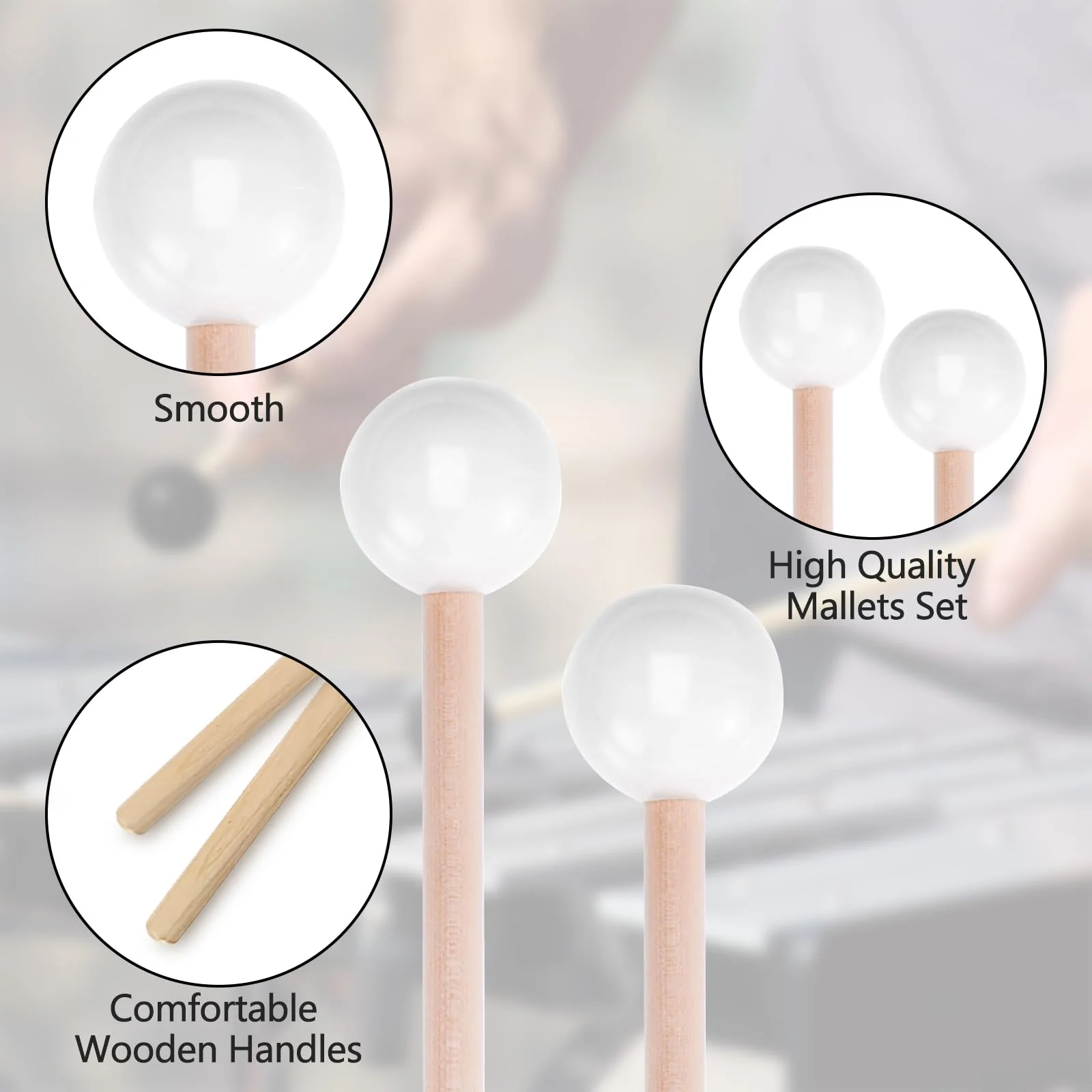Marimba & Glockenspiel Percussion Mallets - Rubber Xylophone Sticks with Wood Handles(White) - Image 3