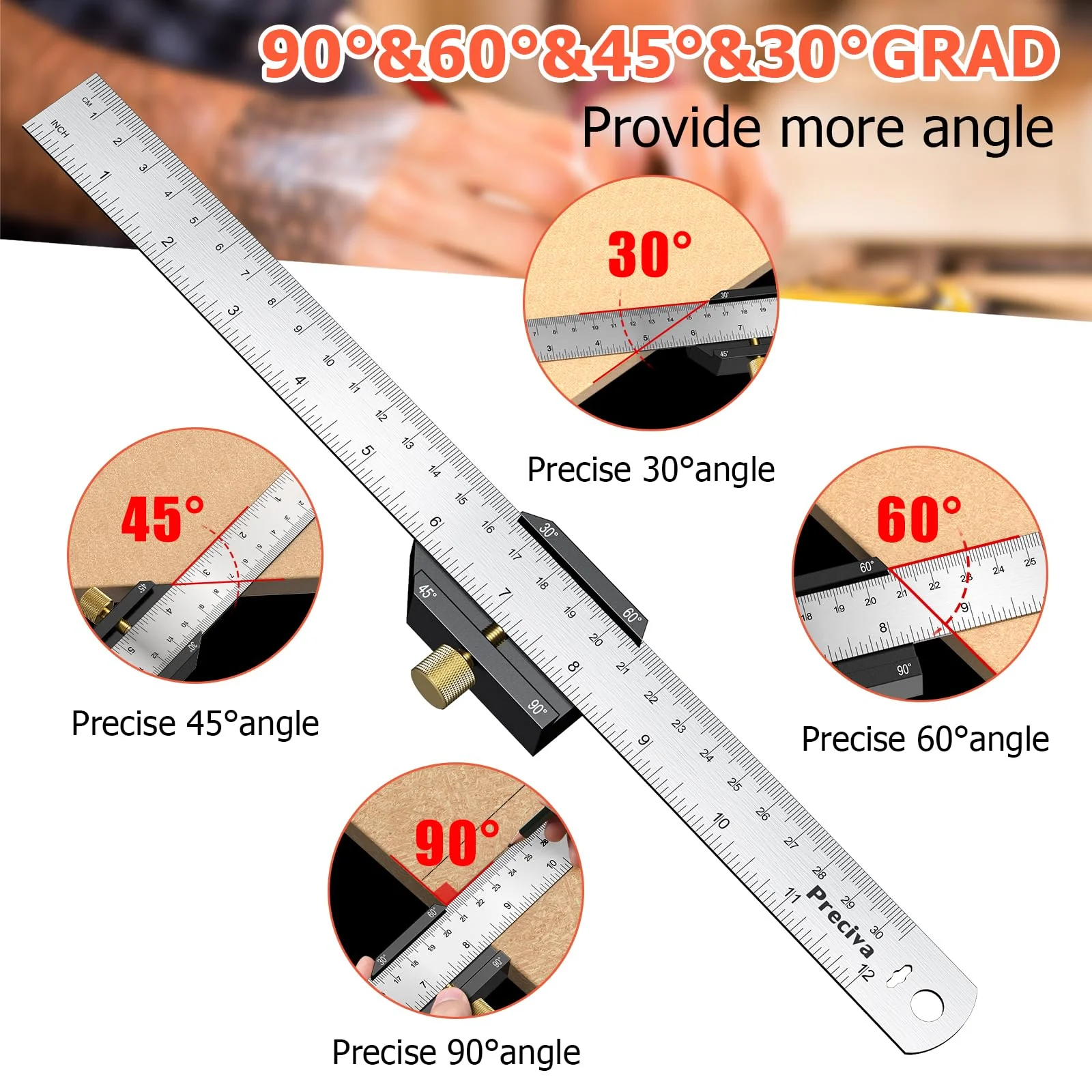 Marking gauge, 30°/45°/60° stop ruler, scribing tool with extra strong stainless steel ruler - 300 mm metal marking gauge with beech wood stopper for woodworking, DIY, crafts - Image 2