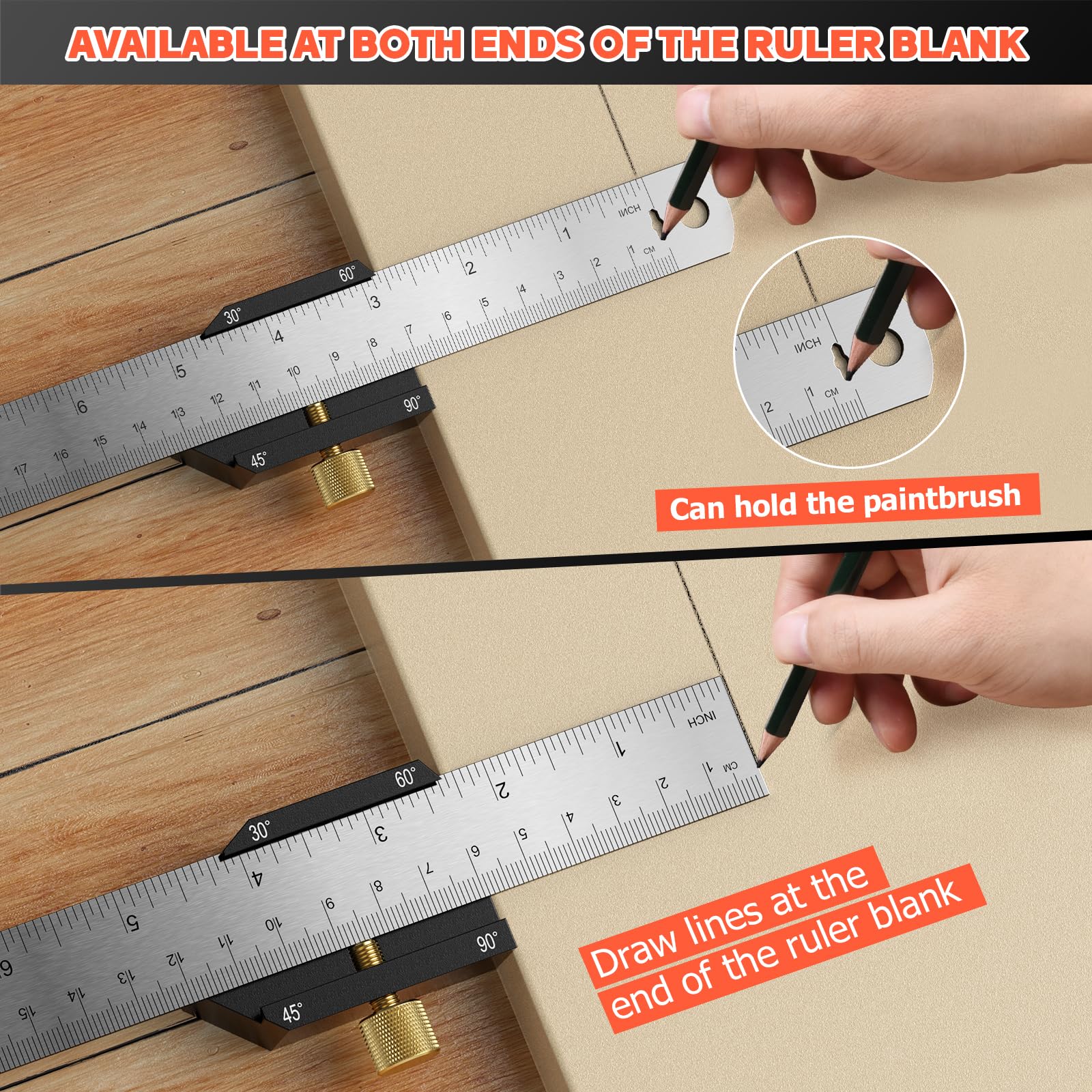 Marking gauge, 30°/45°/60° stop ruler, scribing tool with extra strong stainless steel ruler - 300 mm metal marking gauge with beech wood stopper for woodworking, DIY, crafts - Image 3