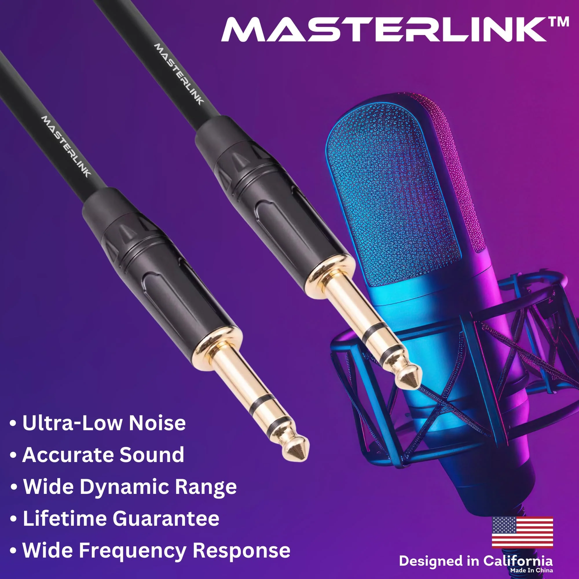 MASTERLINK 1/4 Inch TRS Instrument Cable 20 FT | Gold Connectors, Balanced 6.35mm Male to Male Jack Stereo Audio Balanced Line for Synths, Keyboard, Mixer, Amplifier, Speakers, Electric Bass Guitars 20FT - Image 5