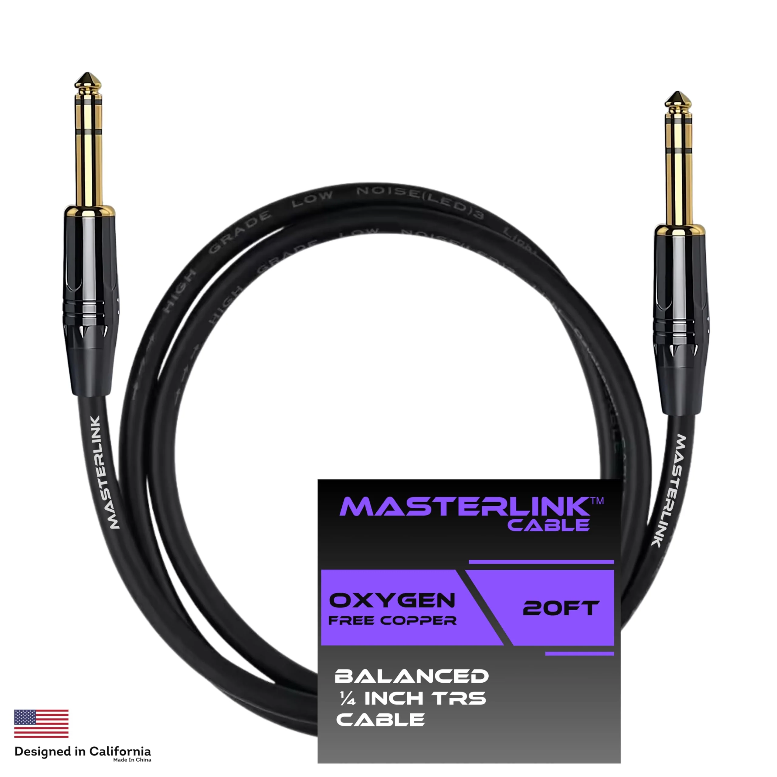 MASTERLINK 1/4 Inch TRS Instrument Cable 20 FT | Gold Connectors, Balanced 6.35mm Male to Male Jack Stereo Audio Balanced Line for Synths, Keyboard, Mixer, Amplifier, Speakers, Electric Bass Guitars 20FT - Image 6