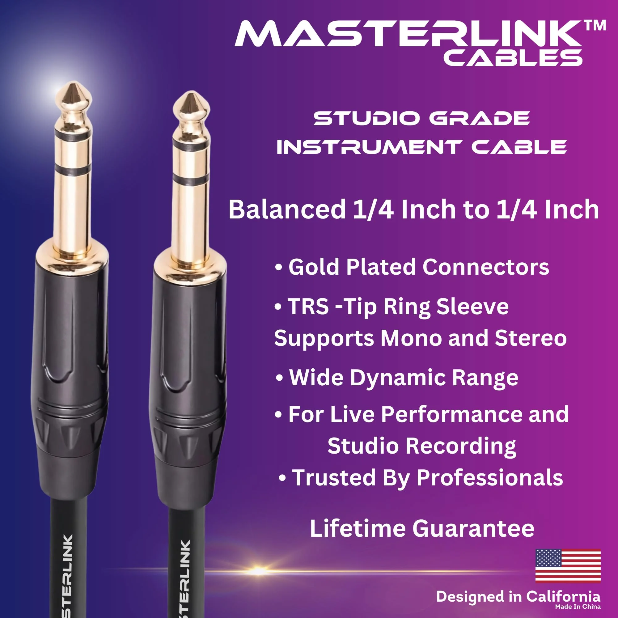 MASTERLINK 1/4 Inch TRS Instrument Cable 20 FT | Gold Connectors, Balanced 6.35mm Male to Male Jack Stereo Audio Balanced Line for Synths, Keyboard, Mixer, Amplifier, Speakers, Electric Bass Guitars 20FT - Image 8