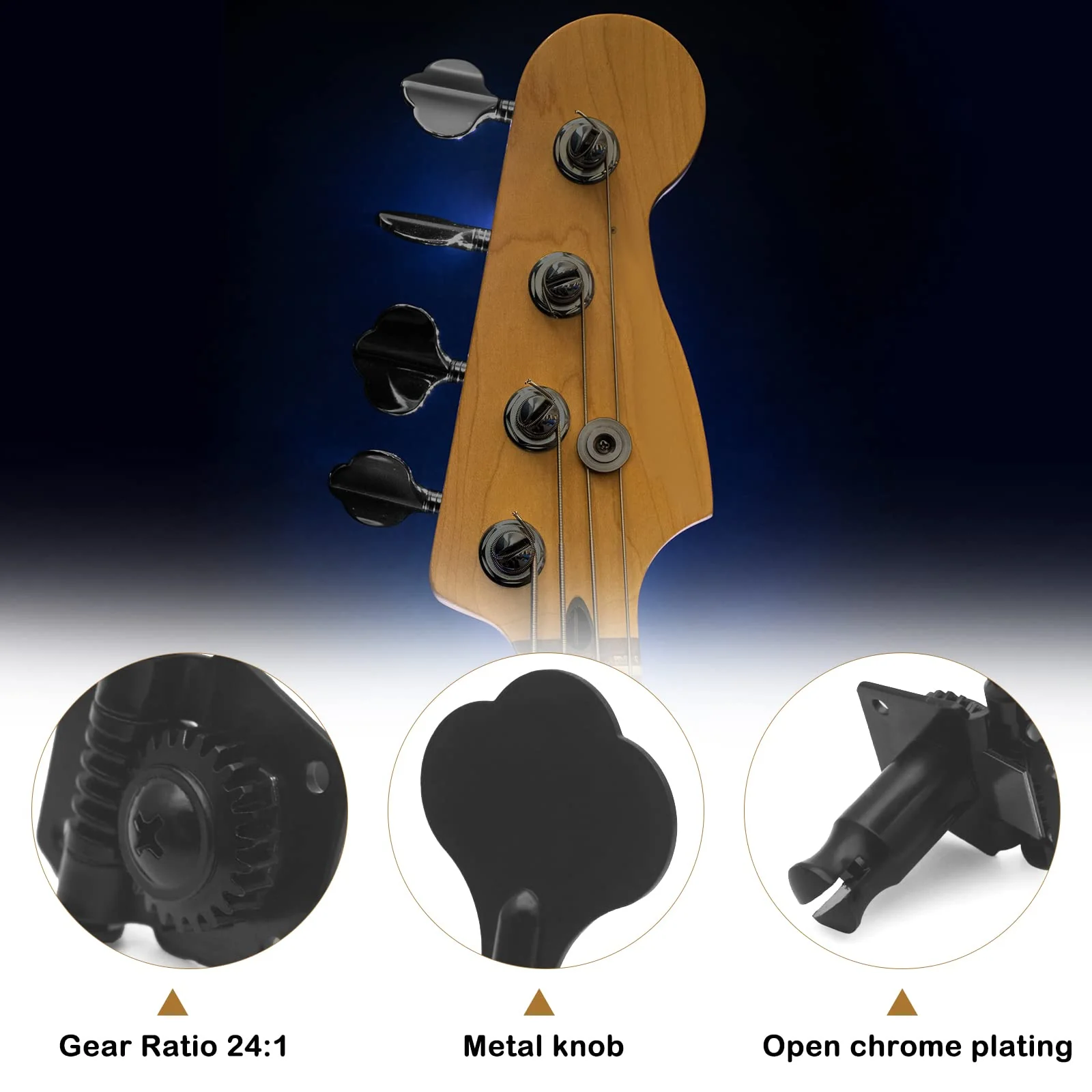 MAXCHEER Guitar Bass Tuners Bass Guitar Tuning Keys,Ratio Headstock Sealed Machine Head Replacement for Electric Jazz Bass or Precision Instruments 1:24 (4R) black - Image 3