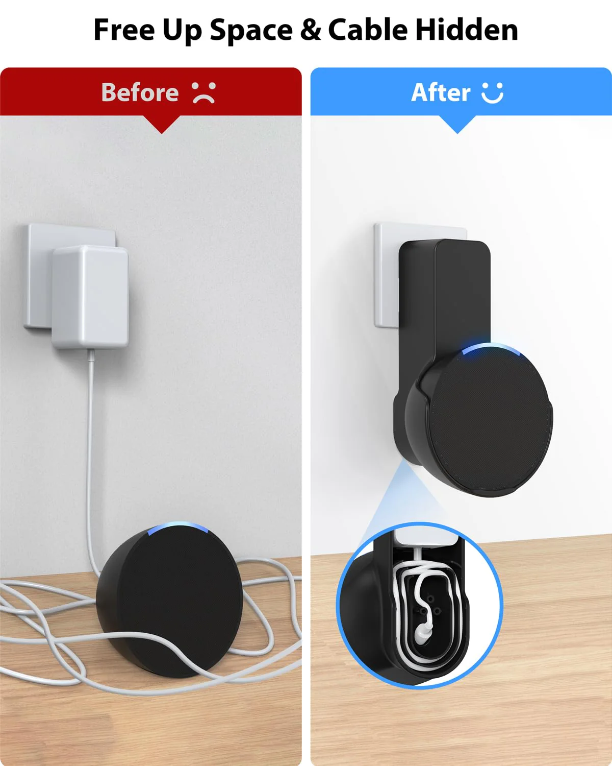 Maxonar Wall Mount for Echo Pop, Echo pop Wall Mount Speaker Holder Stand No Screws No Drill Needed Cable Hidden Storage - Black - Image 3