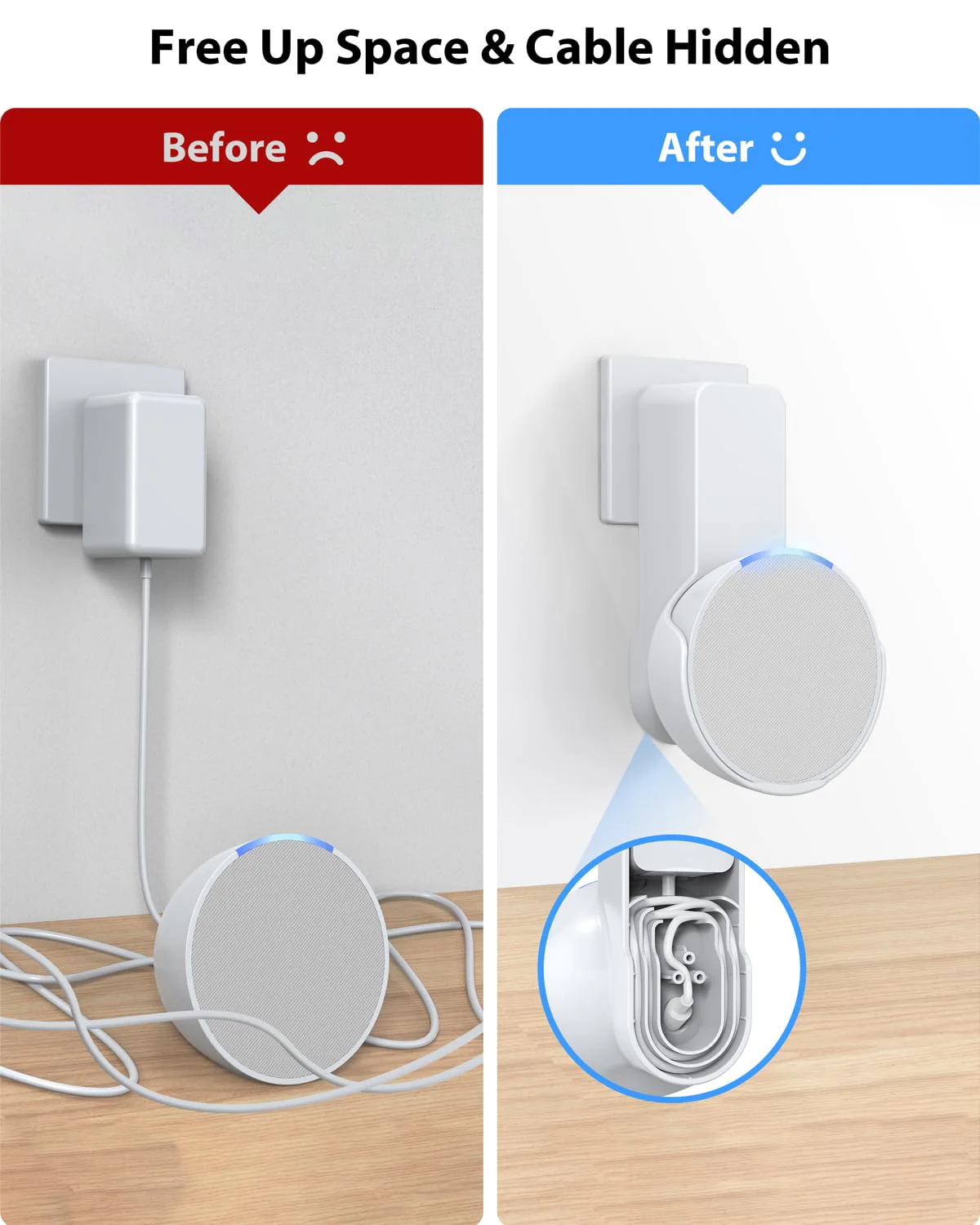 Maxonar Wall Mount for Echo Pop, Echo Pop Wall Mount Speaker Stand Holder No Screws and Drill Needed Cable Hidden Storage - White - Image 2