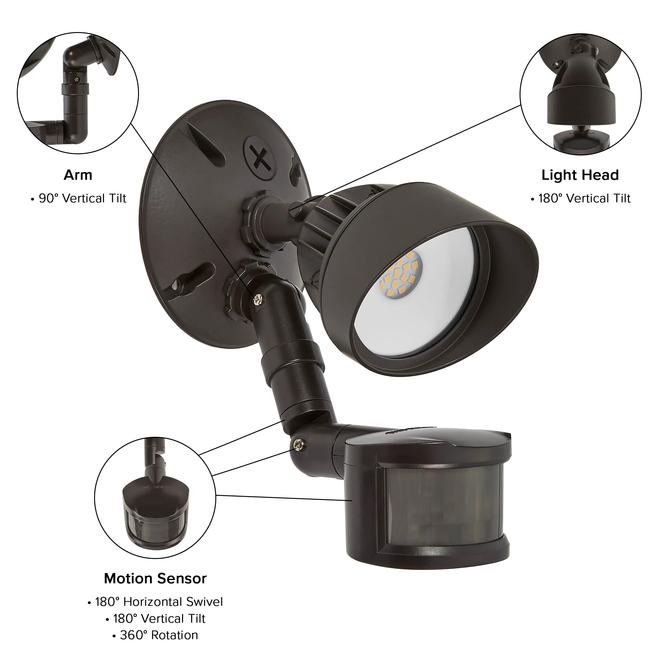 Maxxima LED Outdoor Flood Wall Light, Exterior Security Light with Adjustable Head, 800 Lumens, Featuring Motion Sensor and Dusk to Dawn Sensor, 3000K Warm White, Brown Fixture - Image 4