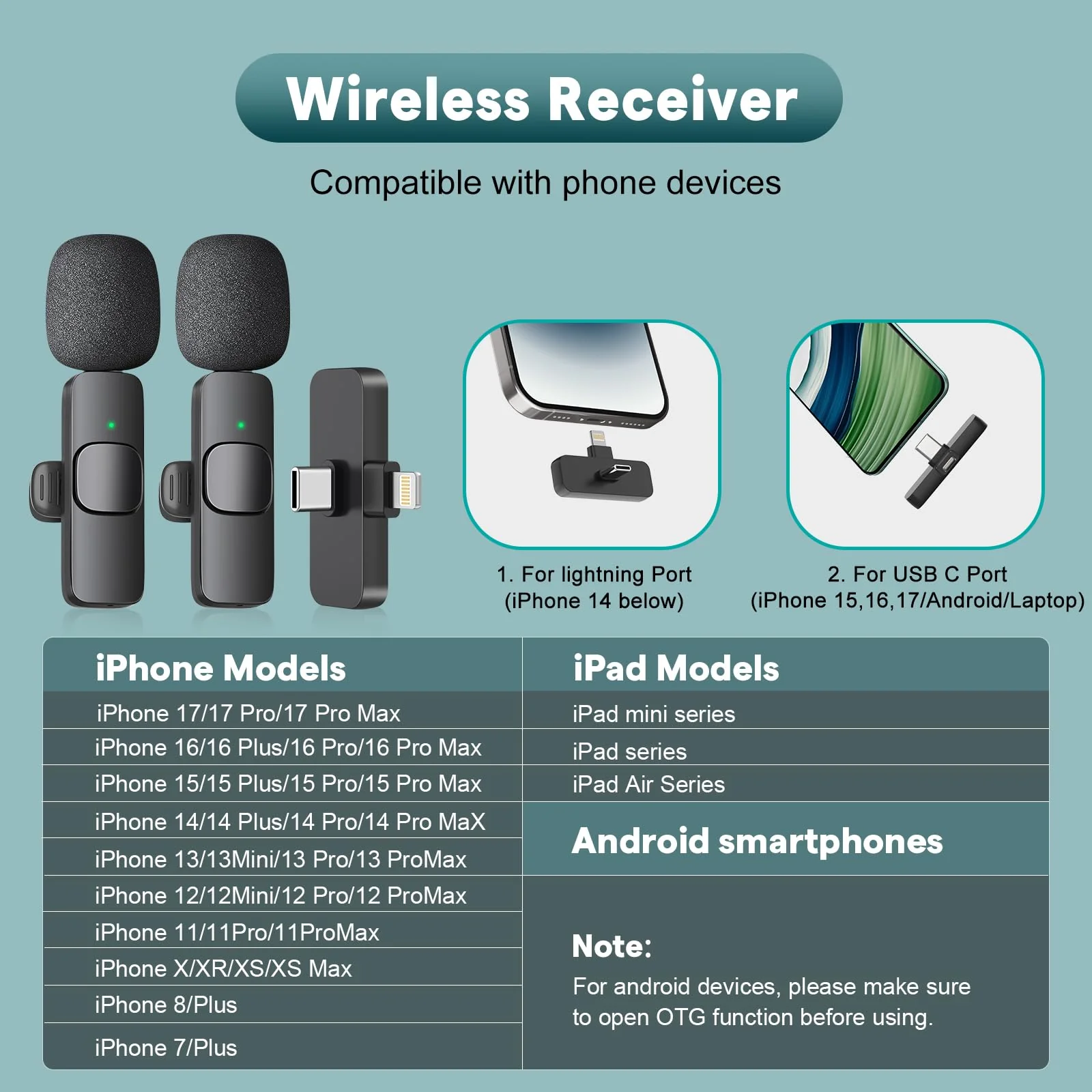MAYBESTA Wireless Mini Microphone for iPhone, Android Phone - 2 Pack Lavalier Lapel Mic for Audio Video Recording - Clip on Content Creator Microphones for YouTube Tiktok Podcast Vlogging USB-C & Lightning(All iPhones + Androids) - Image 2