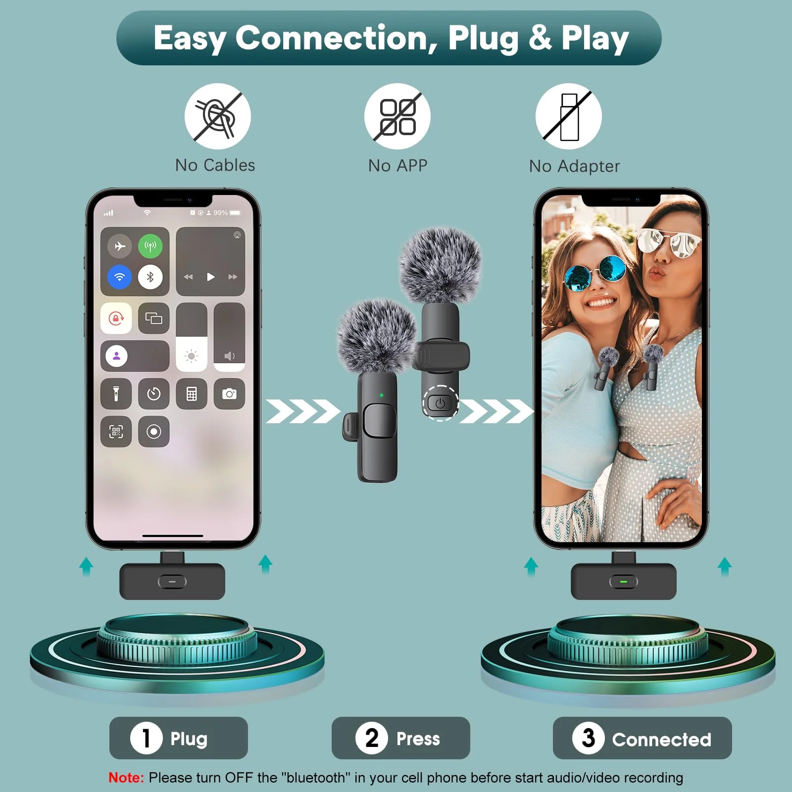 MAYBESTA Wireless Mini Microphone for iPhone, Android Phone - 2 Pack Lavalier Lapel Mic for Audio Video Recording - Clip on Content Creator Microphones for YouTube Tiktok Podcast Vlogging USB-C & Lightning(All iPhones + Androids) - Image 5