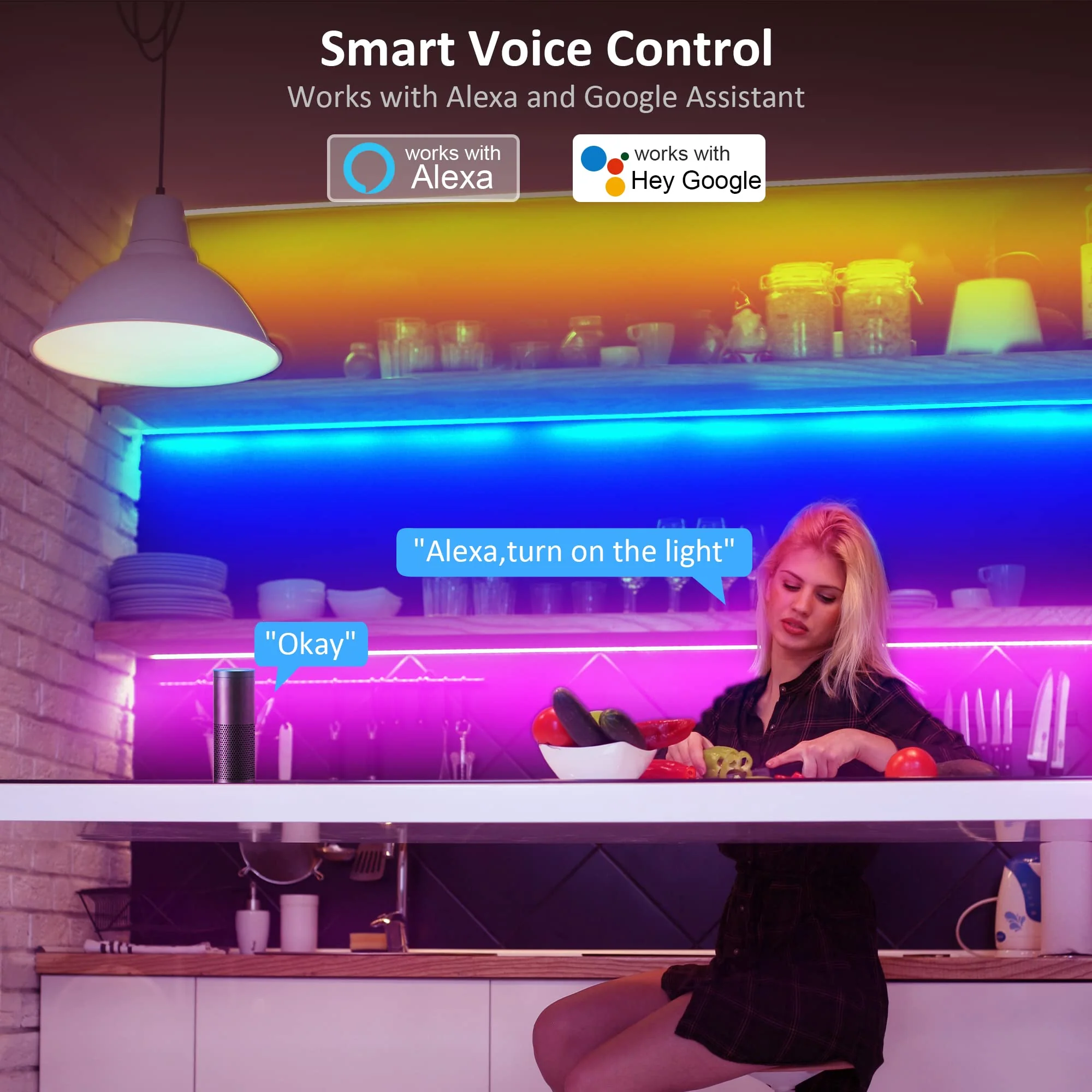 maylit 10 PCS Smart RGB Under Cabinet Lights Kit, Compatible with Alexa and Google Assistant, App and Remote Control, Music Sync Color Changing, Timer, Dimmable, for Cabinet, Counter, Shelf, Bookcase Multicolor 16.4FT - Image 3