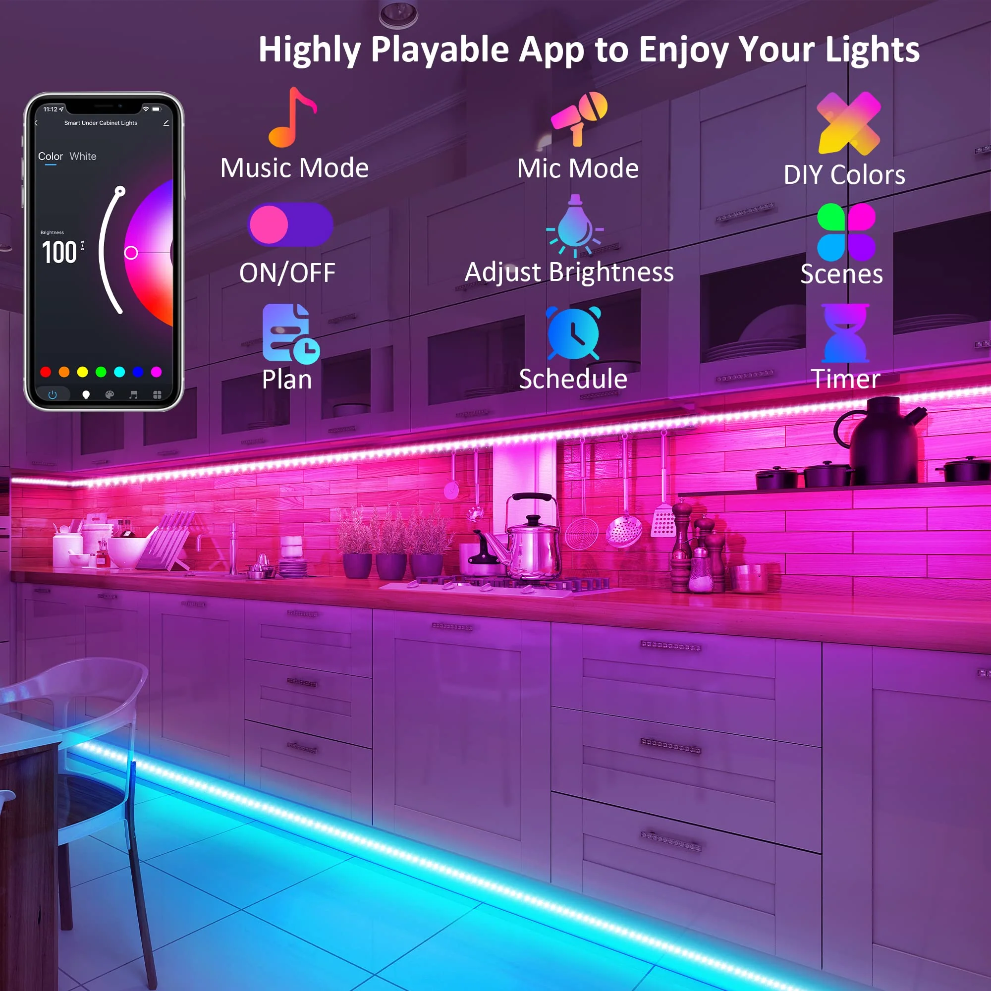 maylit 10 PCS Smart RGB Under Cabinet Lights Kit, Compatible with Alexa and Google Assistant, App and Remote Control, Music Sync Color Changing, Timer, Dimmable, for Cabinet, Counter, Shelf, Bookcase Multicolor 16.4FT - Image 5