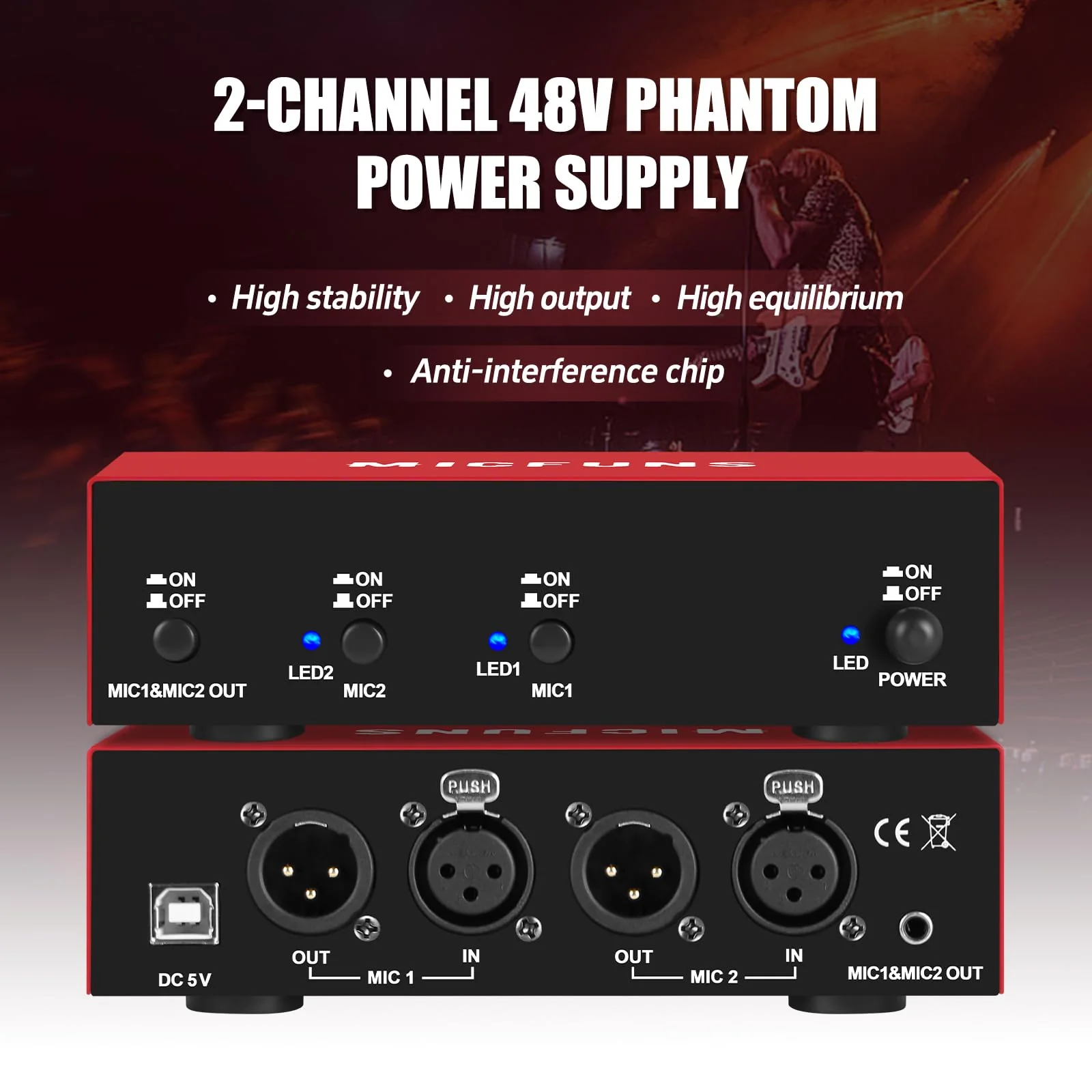 MC New 2 Channel 48V Phantom Power Supply with 3.5mm Audio Cable to Connect Audio Interface for Condenser Microphone Music Recording Equipment (MC2-new red) MC2-new red - Image 2
